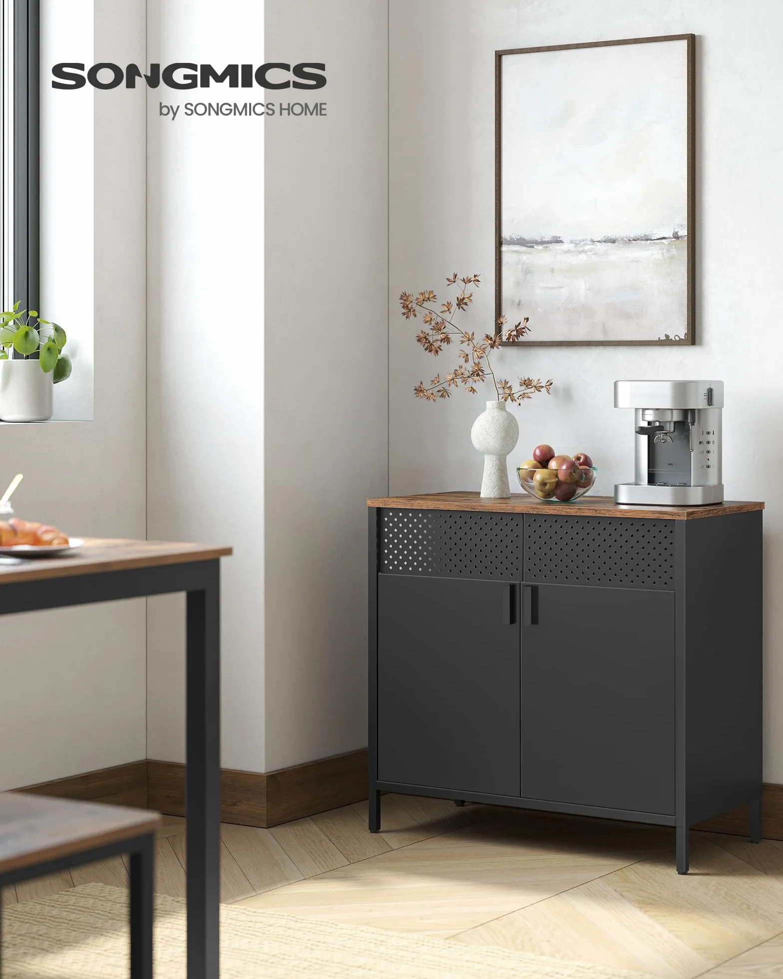 SONGMICS Meuble de Rangement, Buffet, en Métal, Double Porte, Fermeture Magnétique, Cadre en Acier, 40 x 80 x 76 cm, Marron Rustique et Noir LSC102B01