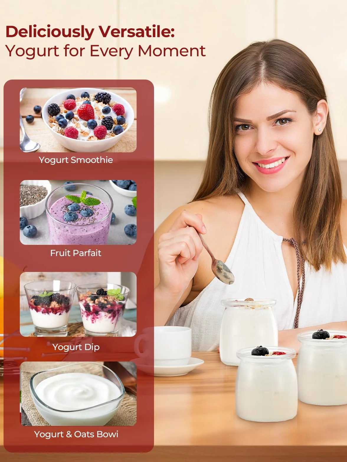 FOHERE Yaourtière 12 pots 180 ml, 25W Machine à Yaourt Maison, Programmable, Ecran LCD, Corps en Acier Inoxydable, Sans BPA, Compatible au lave vaisselle, Arrêt Automatique