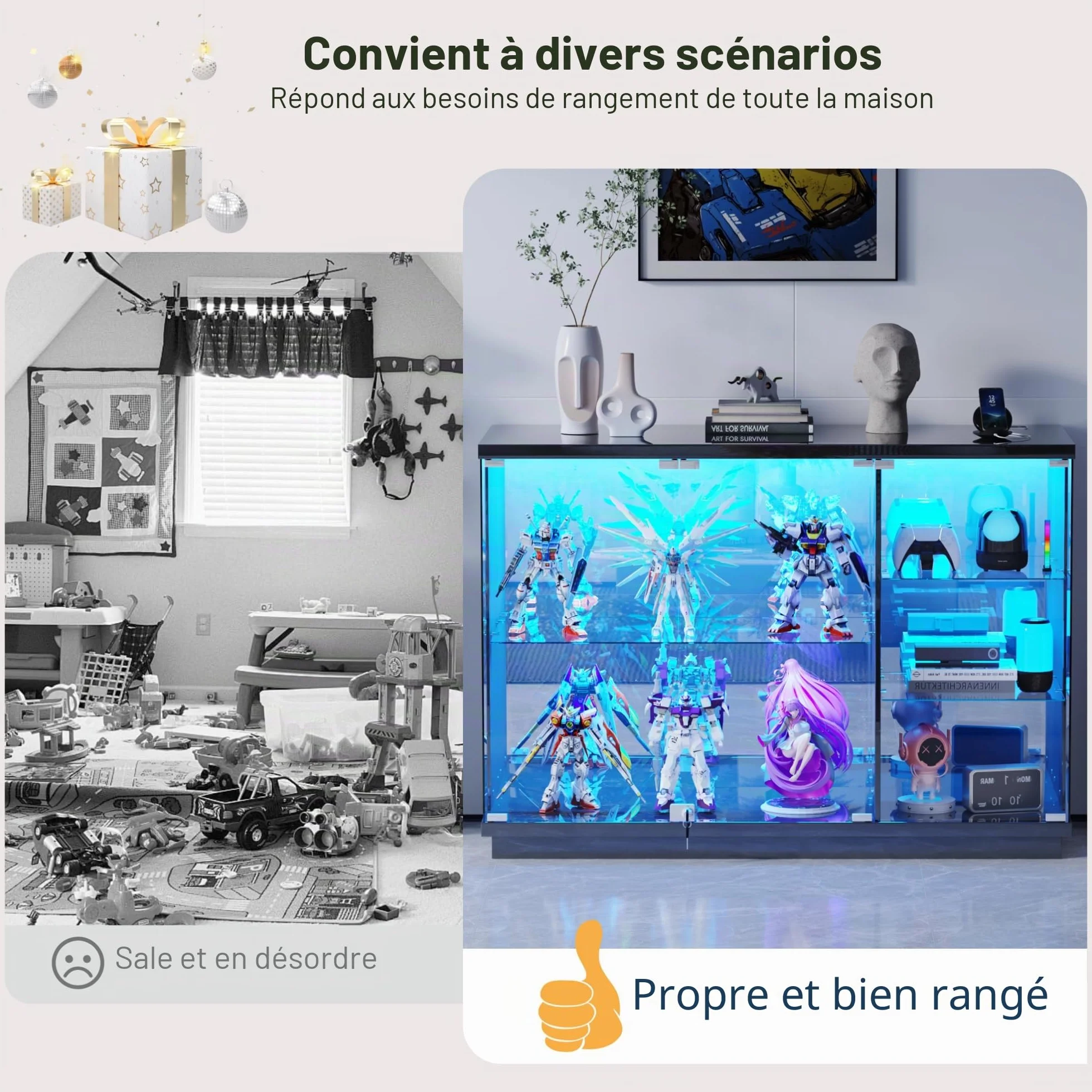 Lvifur Vitrine en verre - Éclairage LED et portes en verre - Armoire en verre - Cabinet d'affichage avec capteur intelligent - 3 couches - Étanche à la poussière - Pour salon, chambre à coucher