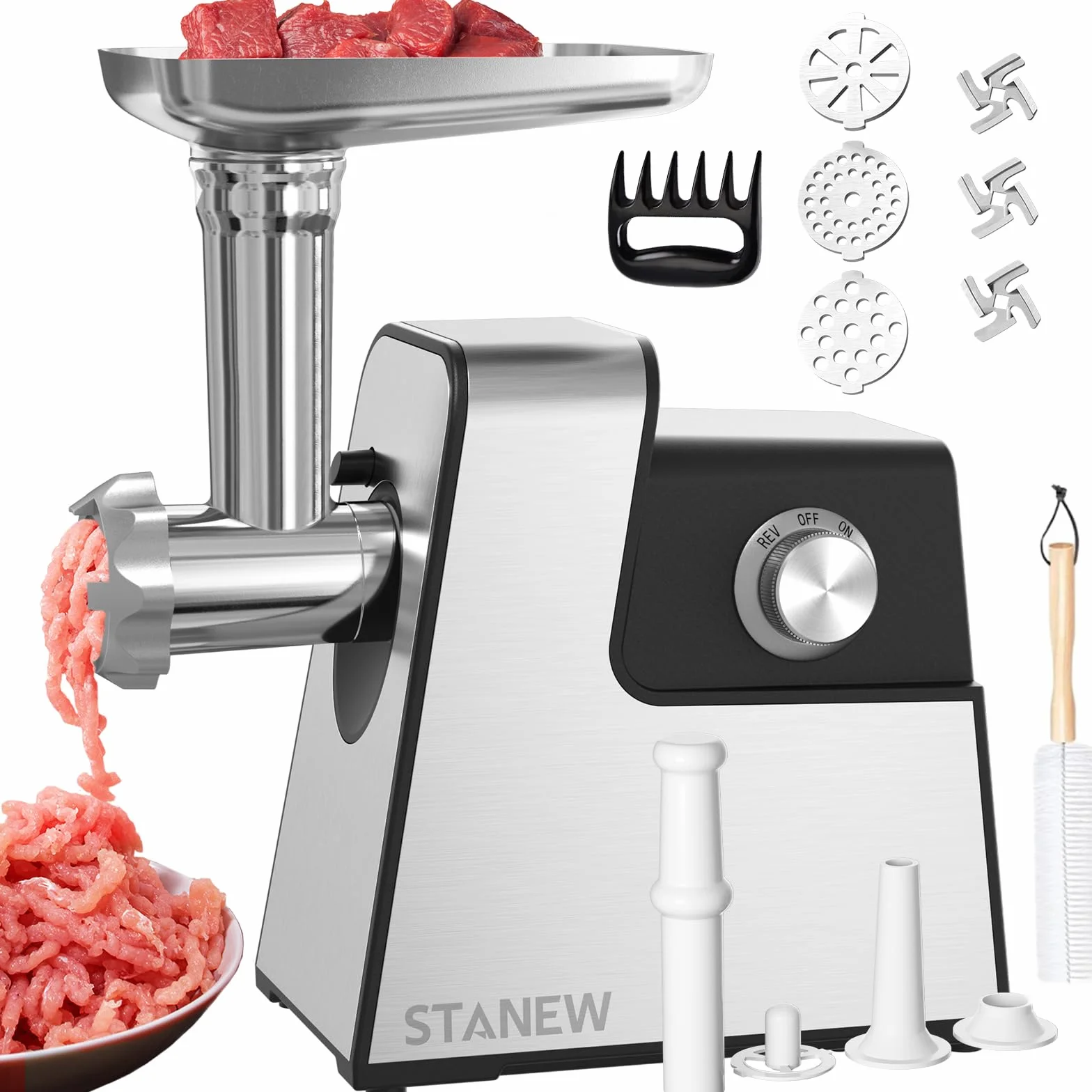 STANEW Hachoir a Viande Électrique Professionnel, 4 en 1 Hachoir à viande en acier inoxydabl, saucisses électrique avec 3 plaques en acier (4 mm, 8 mm, d'éventail) et 3 lames, 3500W Moteur en cuivre
