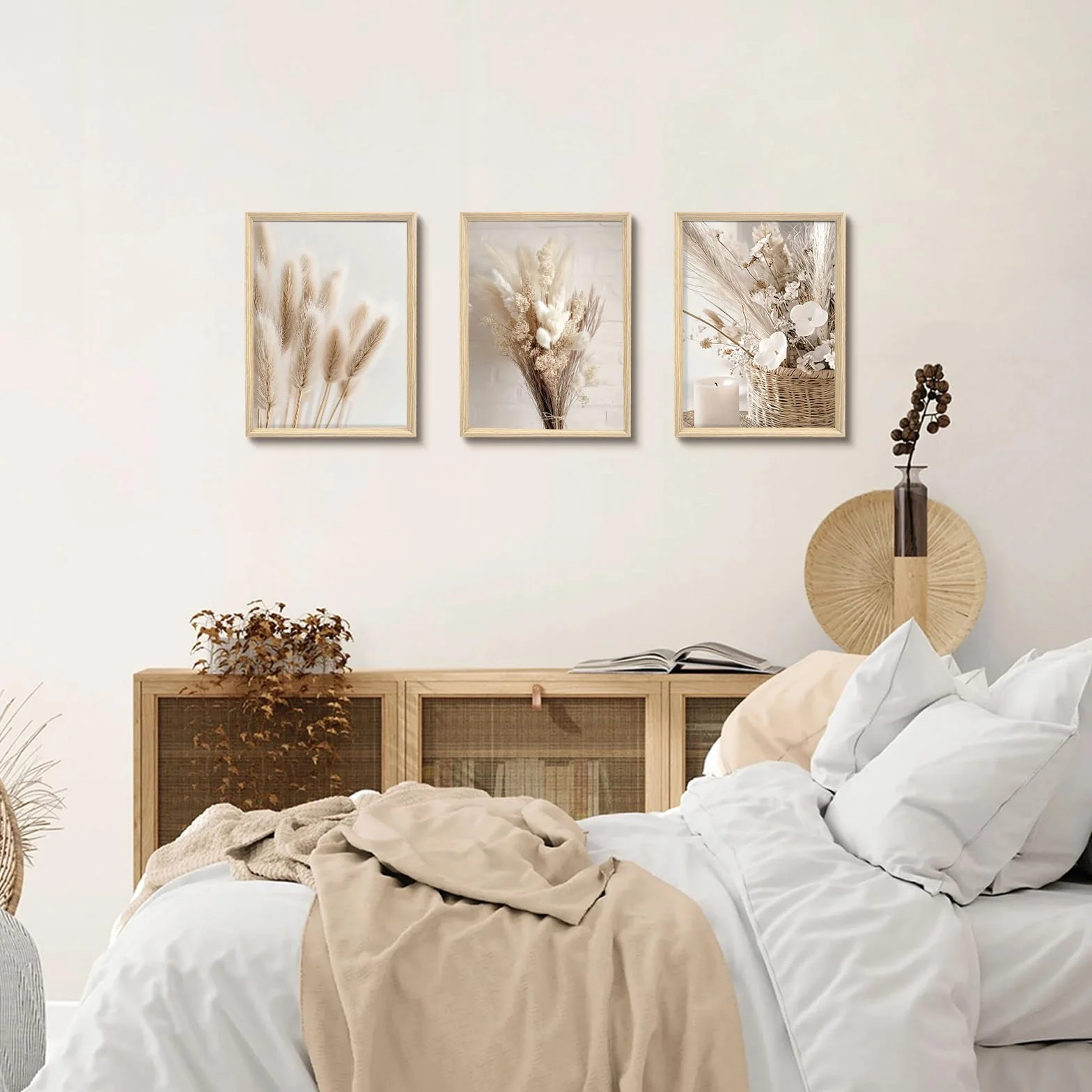 Cadre en bois Impression sur Toile Beige Boho Tableau Peinture Affiche Fleur nordique Sauge Herbe Séchée Decoration Murale 30x40cm x3
