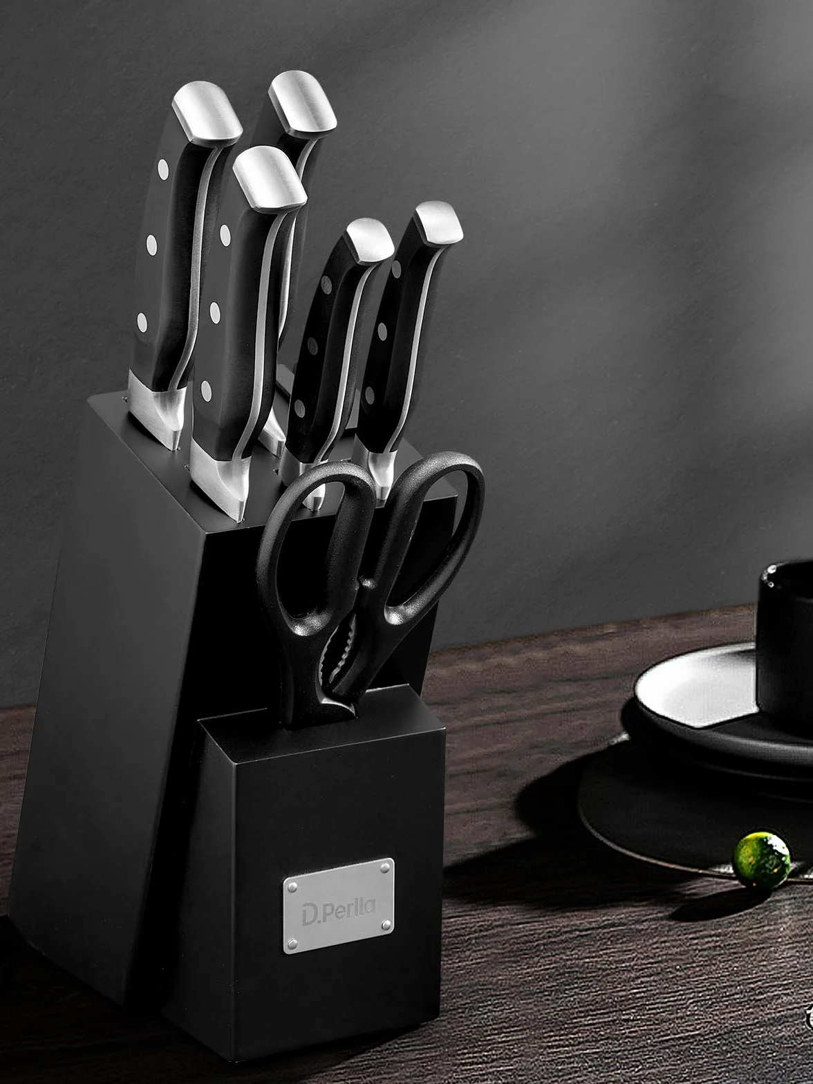 D.Perlla Couteau Cuisine, Bloc de Couteaux 7 pièces avec Affûteur Intégré, Bloc de Bois Noir, Couteaux Ciseaux, Acier Inoxydable, Manche Noir