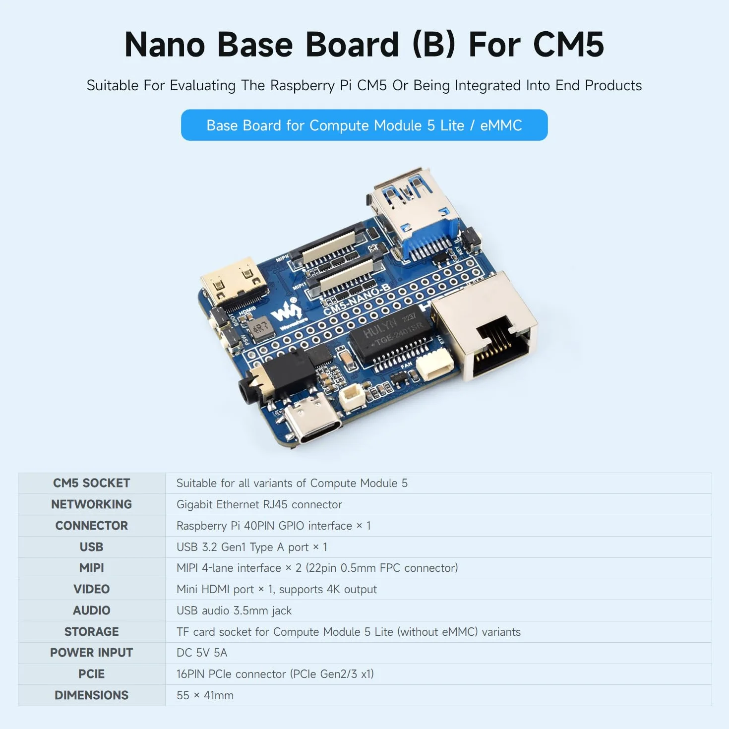 Waveshare Nano Base Board (B) For Raspberry Pi Compute Module 5, Same Size As The CM5