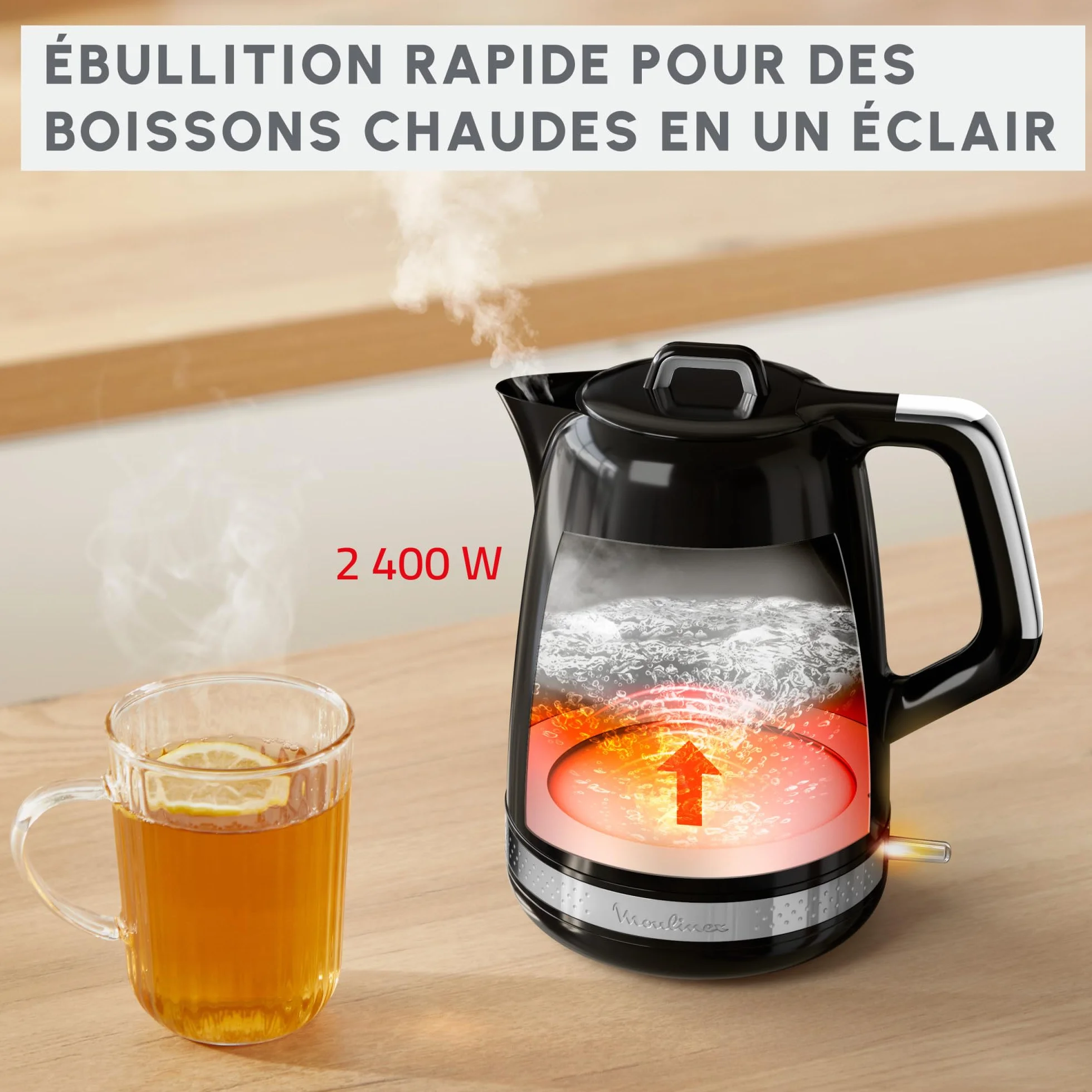 Moulinex Soleil, Bouilloire électrique 1,7L, Contrôle de la température, 2400W, Deux fenêtres de niveau d'eau, Noir, BY3558E0