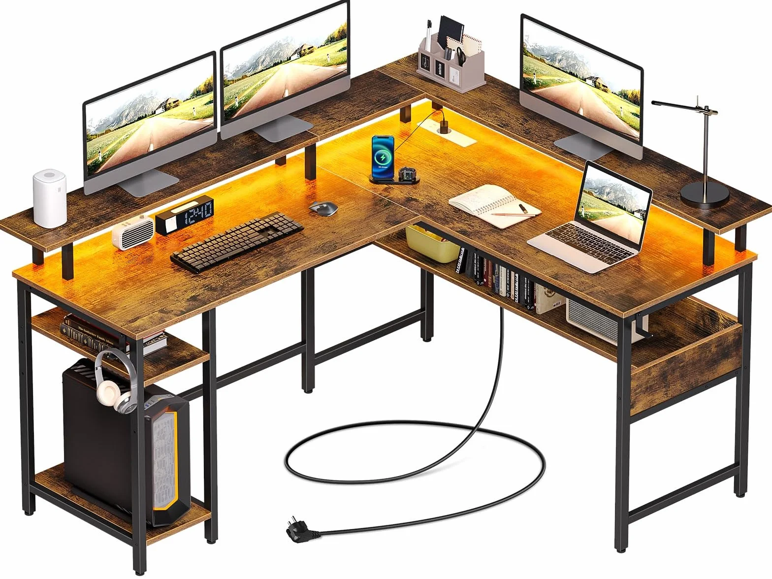 Rolanstar Bureau Gaming 137×108 cm - Bureau d'angle Ordinateur avec LED RGB, Prise USB/Électrique, Étagères Réglables - pour Jeu Travail Étude (Marron)