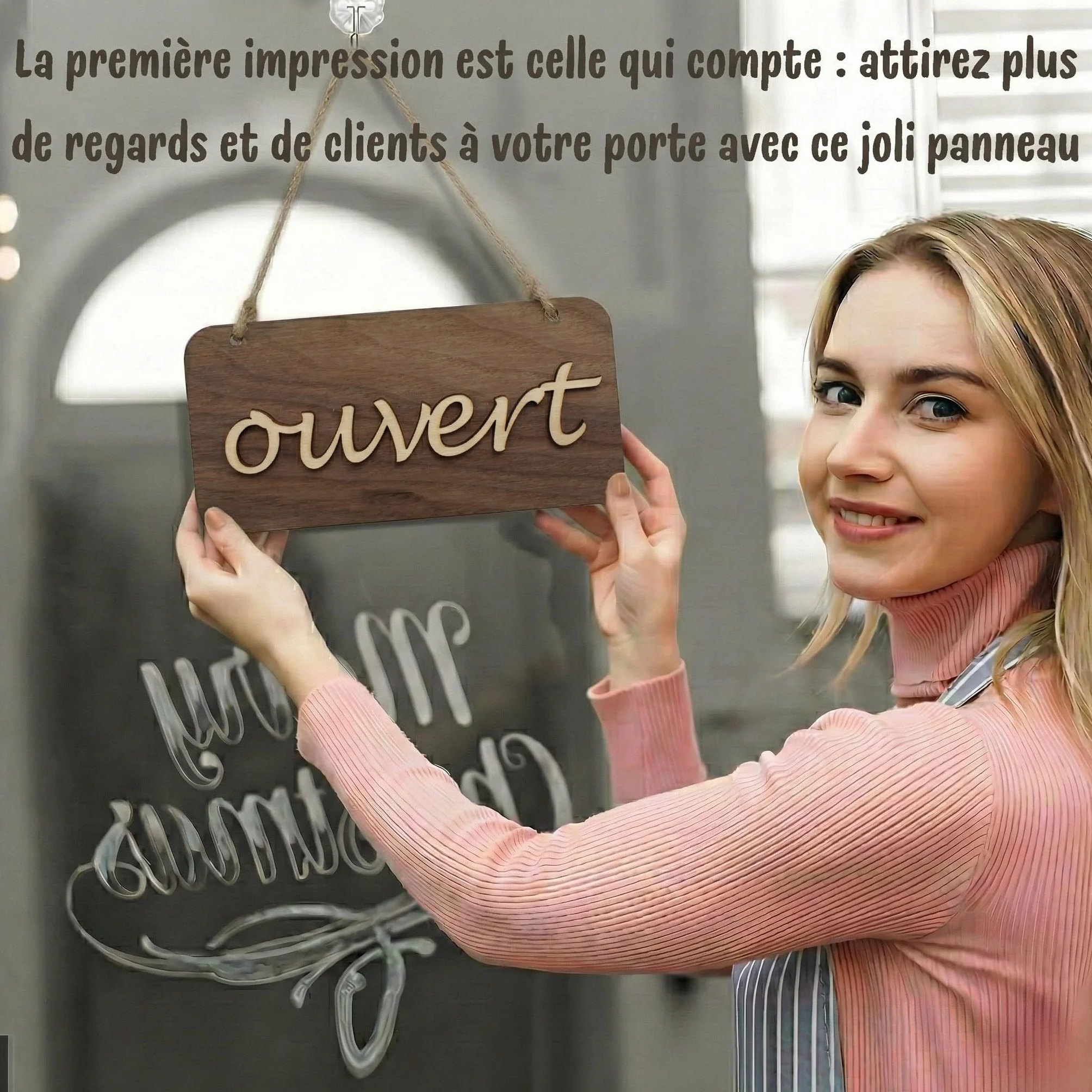 Panneau Ouvert Fermé Magasin Bois Design Original Fait Main Ventouse Incluse Porte Vitrine