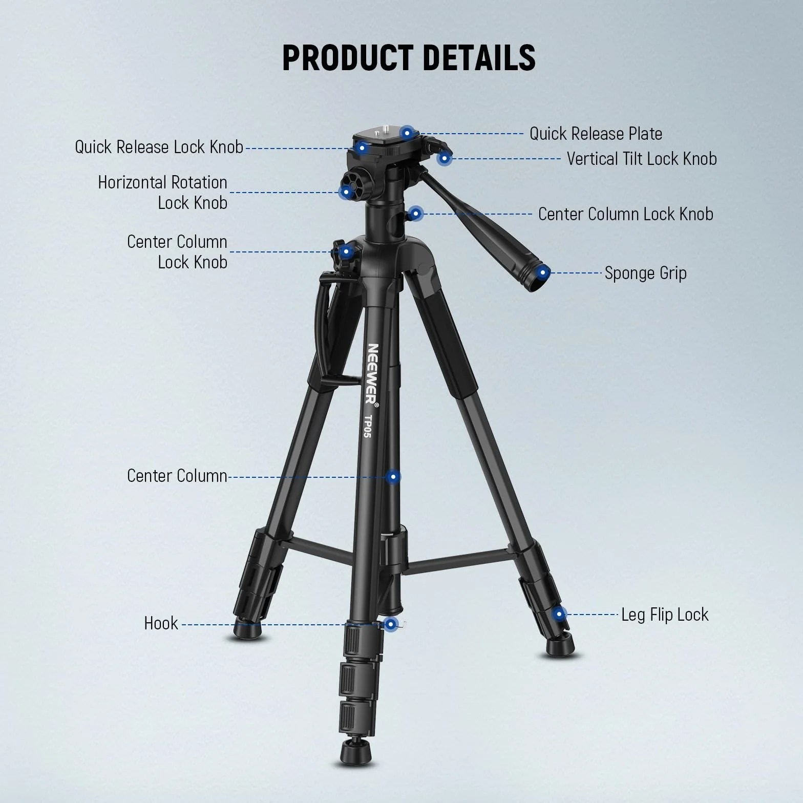 NEEWER BASICS TP05 188.0 cm statyw wideo monopod, 3-kierunkowy uchwyt na telefon z głowicą Pan Tilt, kompatybilny z iPhone DSLR, stojak do nagrywania podróży, uchwyt na kamerę górną, poprzeczkę
