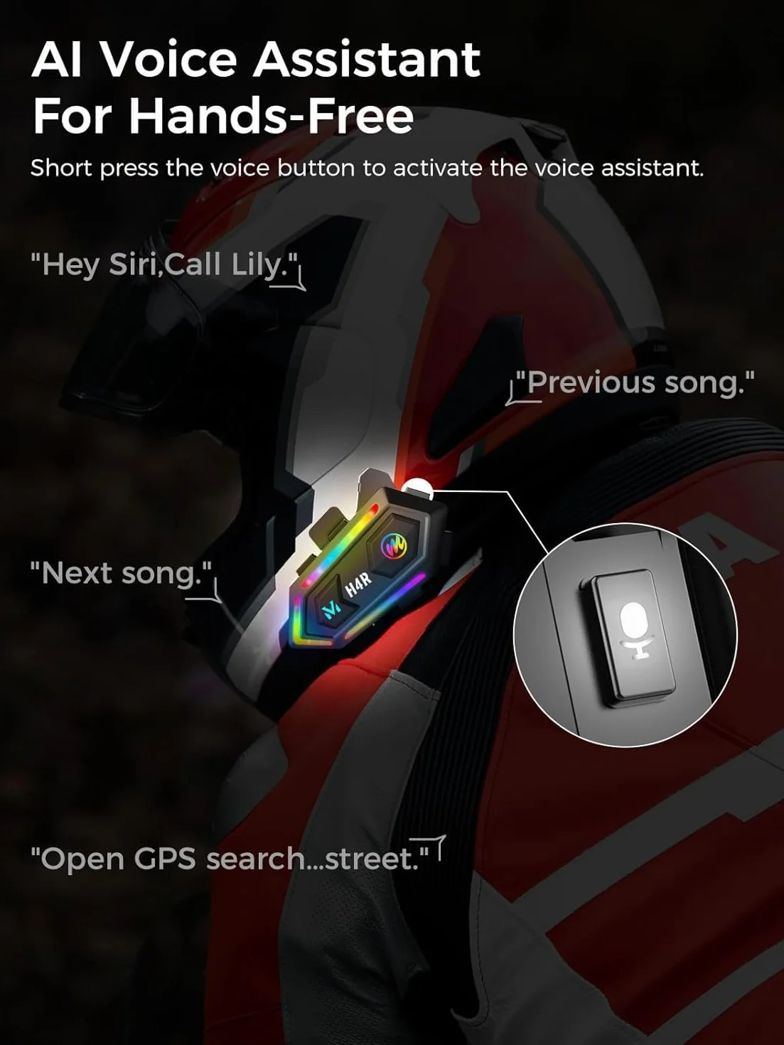 Moman Kask motocyklowy zestaw słuchawkowy, H4R ze światłem RGB, bezprzewodowe słuchawki motocyklowe do pojedynczej osoby 5.3 z 16 wodoodpornymi efektami świetlnymi, łączy 2 telefony, kaski