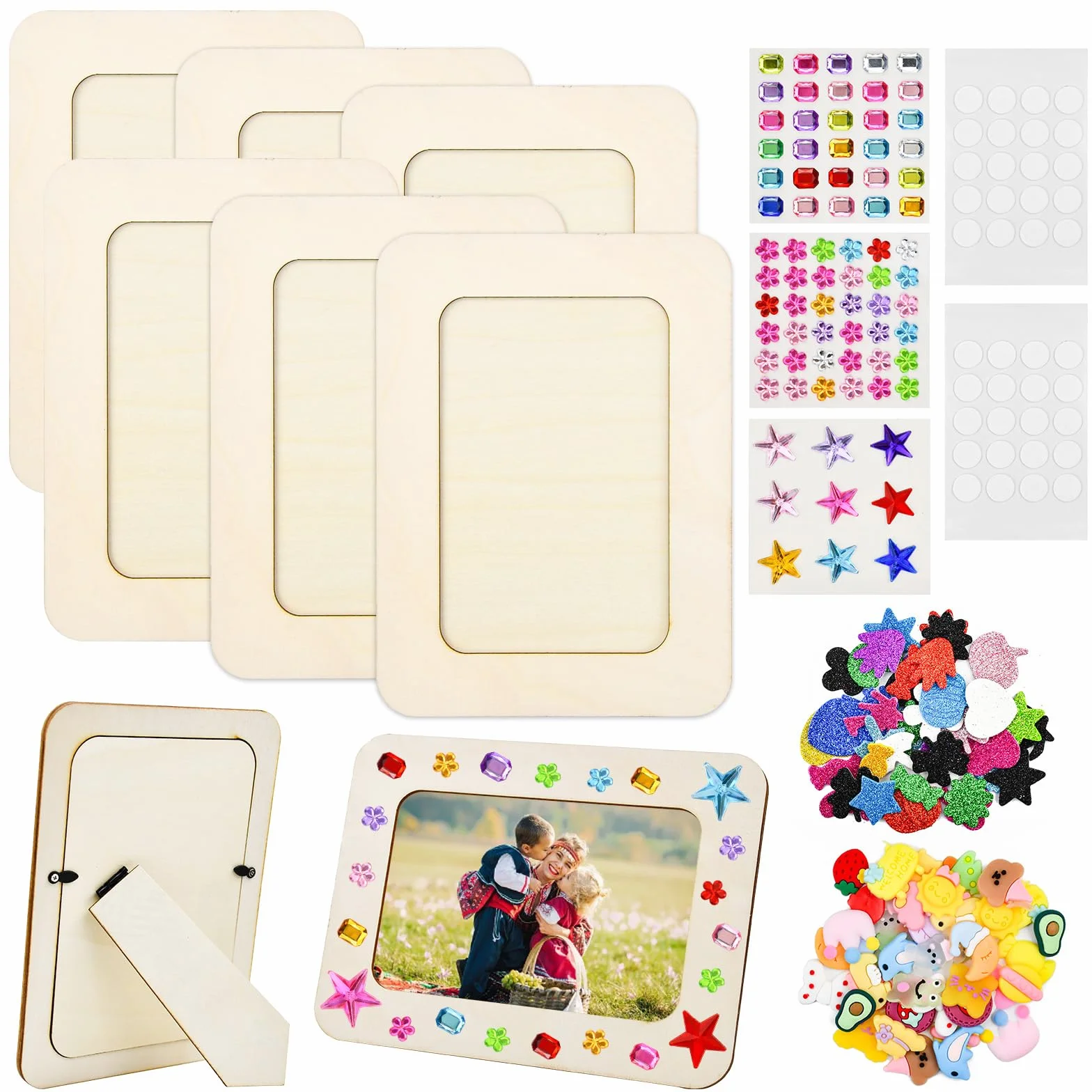 Lot de 8 cadres photo en bois à peindre avec 4 autocollants - Kit de bricolage pour enfants