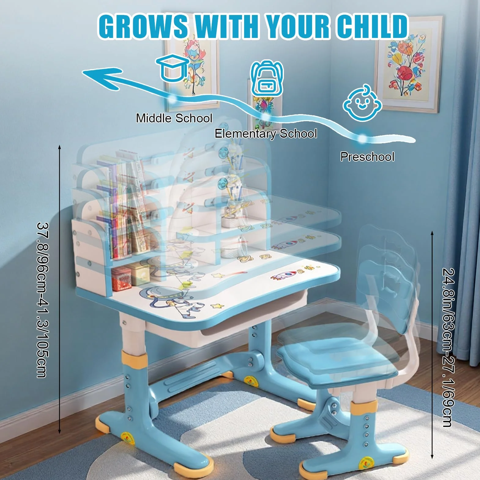 Bureau avec chaise pour enfants de 3 à 12 ans, réglable en hauteur, bureau fonctionnel et ensemble chaise – Panneau dense, distance dorée, séparation scientifique, école pour enfants