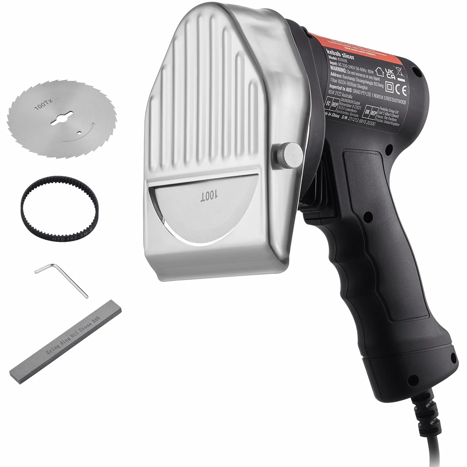 VEVOR Couteau à Kebab Électrique 80 W, Trancheuse à Viande Turc Shawarma Döner Kebab Commerciale en Inox, avec 2 Lames Diamètre 100 mm, Épaisseur Réglable 0-8 mm, pour Restaurant, Snack-bar, Barbecue