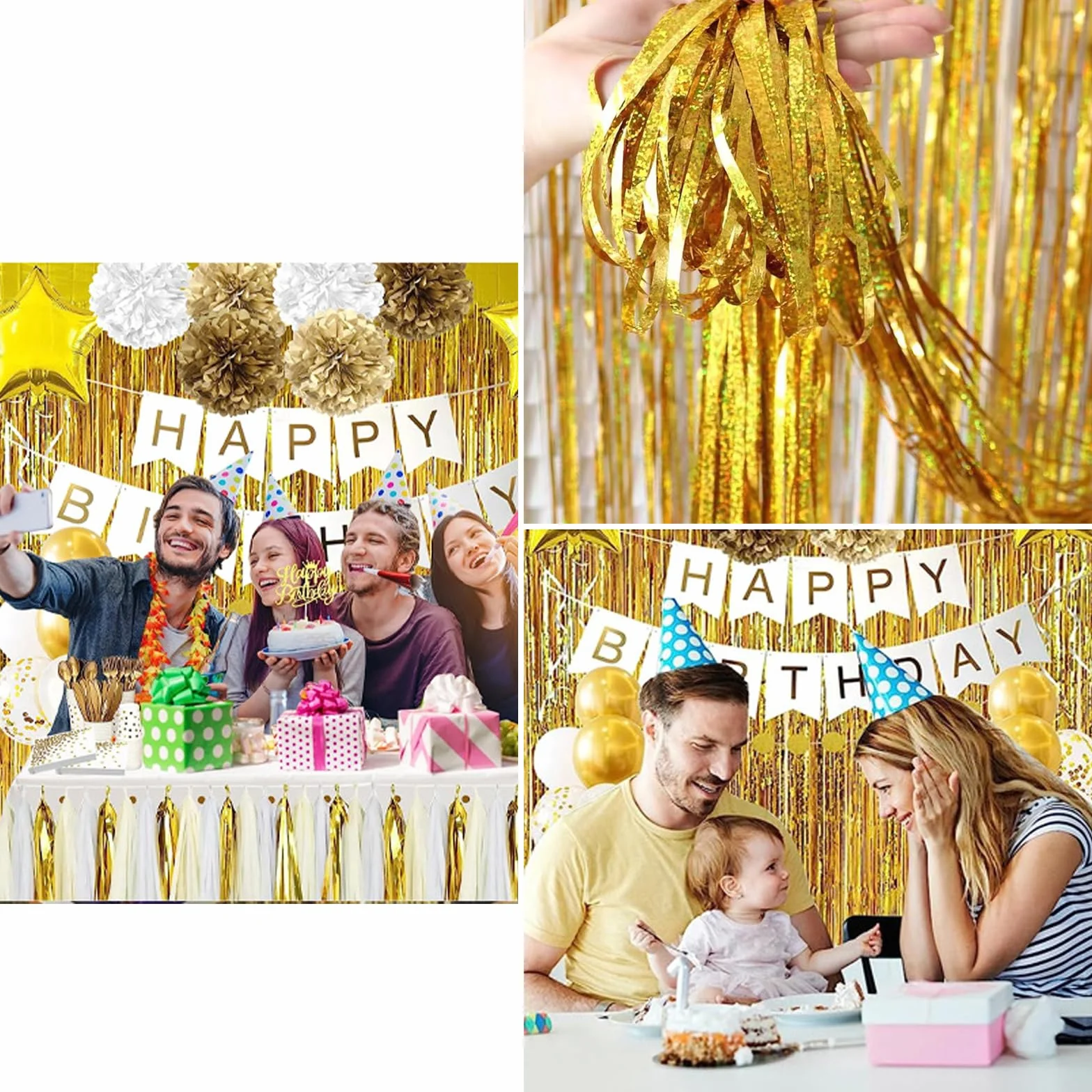 Rideau doré Or 1x2m en Aluminium à Franges pour Anniversaire Mariage Fête Décoration