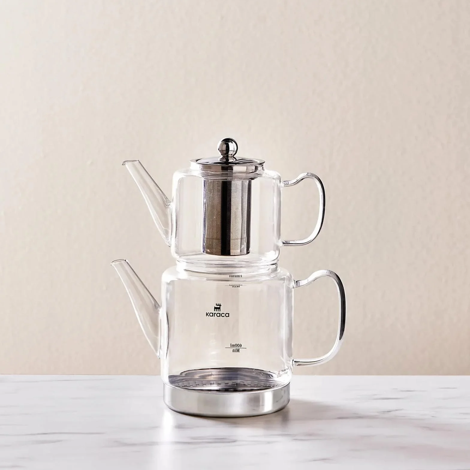 Karaca Dora Set de Théière en Verre Borosilicate avec Infuseur en Acier Inoxydable, Bouilloire de 2 L et Théière en Verre de 1 L avec Filtre, Théière Turque, Caydanlik