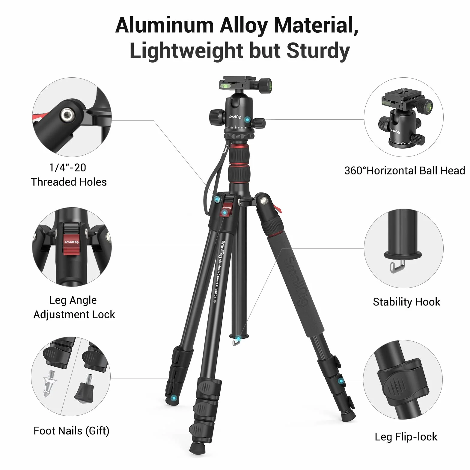 SMALLRIG 71" statyw fotograficzny, składany aluminiowy statyw, zdejmowana głowica kulowa 360° i płytka szybkiego zwalniania, z zaciskiem do smartfona, ładowność 15 kg 33lb, 71in/180cm - 3935