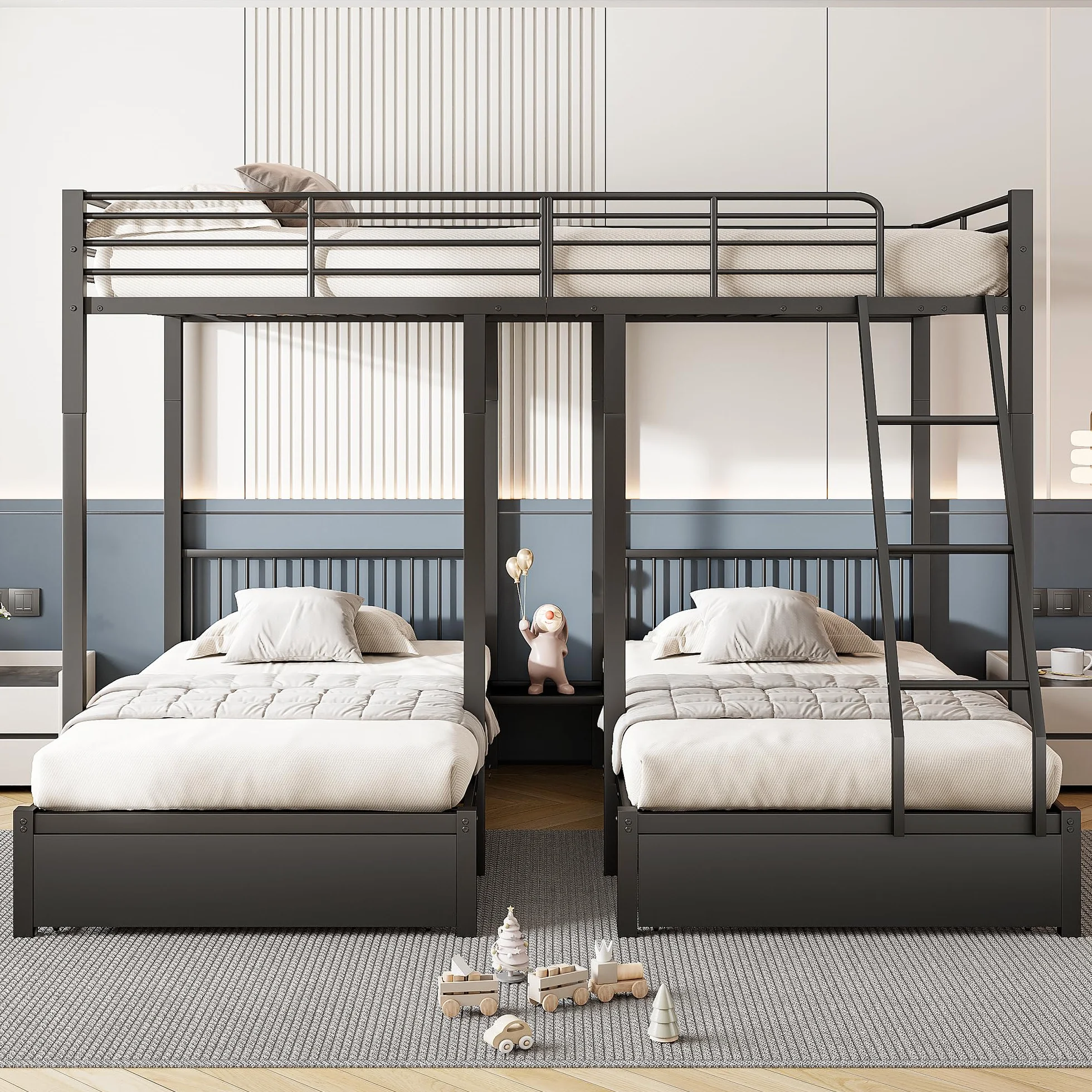 Sapgaks Lit superposé Triple avec tiroirs, lit Enfant,Convertible en Un lit Double 140 x 200 et Deux Lits Simples 90 x 200, lit Multifonctionnel avec Cadre métallique (Noir)