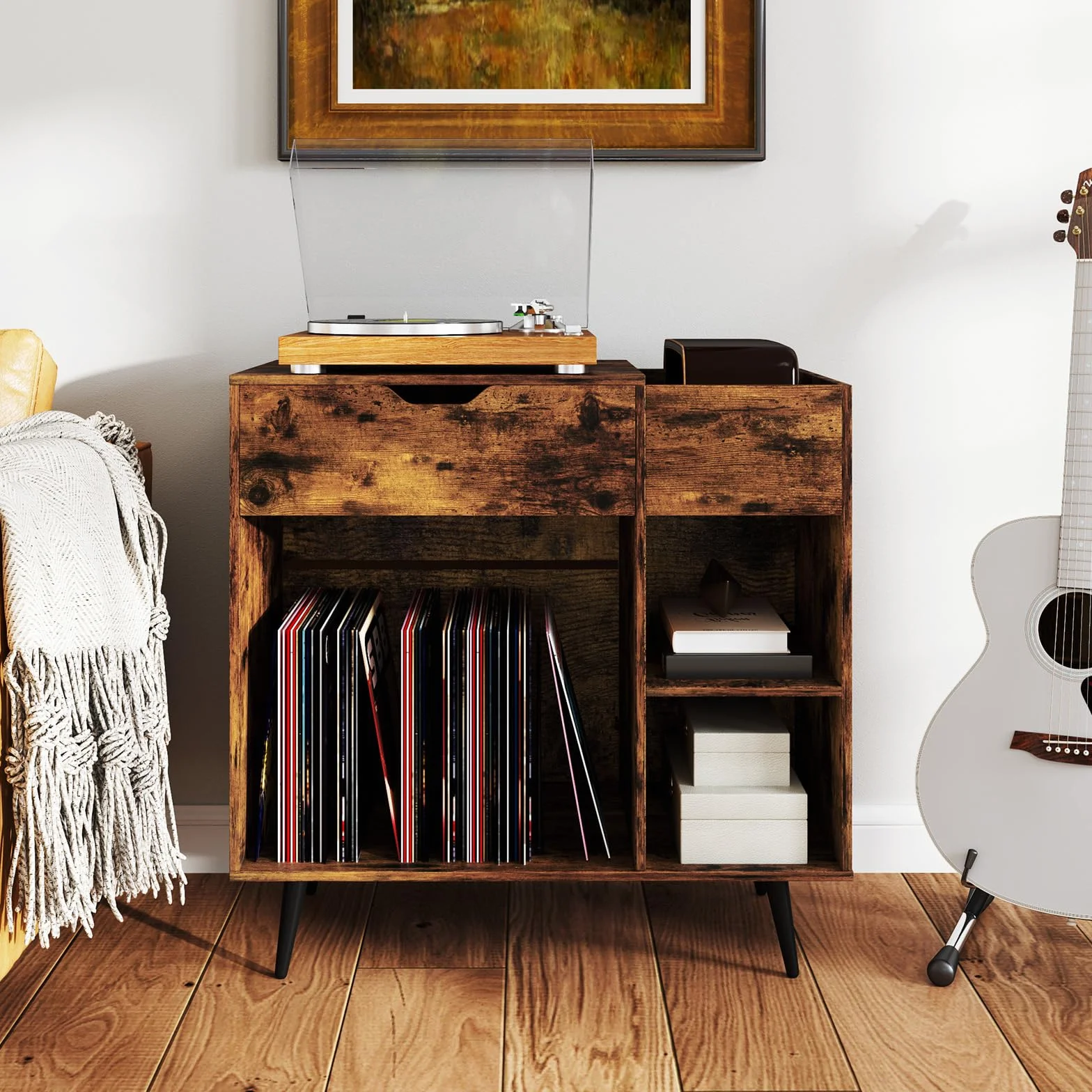 KOMFOTTEU Meuble Platine Vinyle avec Station de Charge, Support de Tourne-Disque avec 4 Compartiments Semi-Ouverts et 1 Tiroir, Meuble Tourne-Disque,80 x 40 x 79 cm, Style Industriel