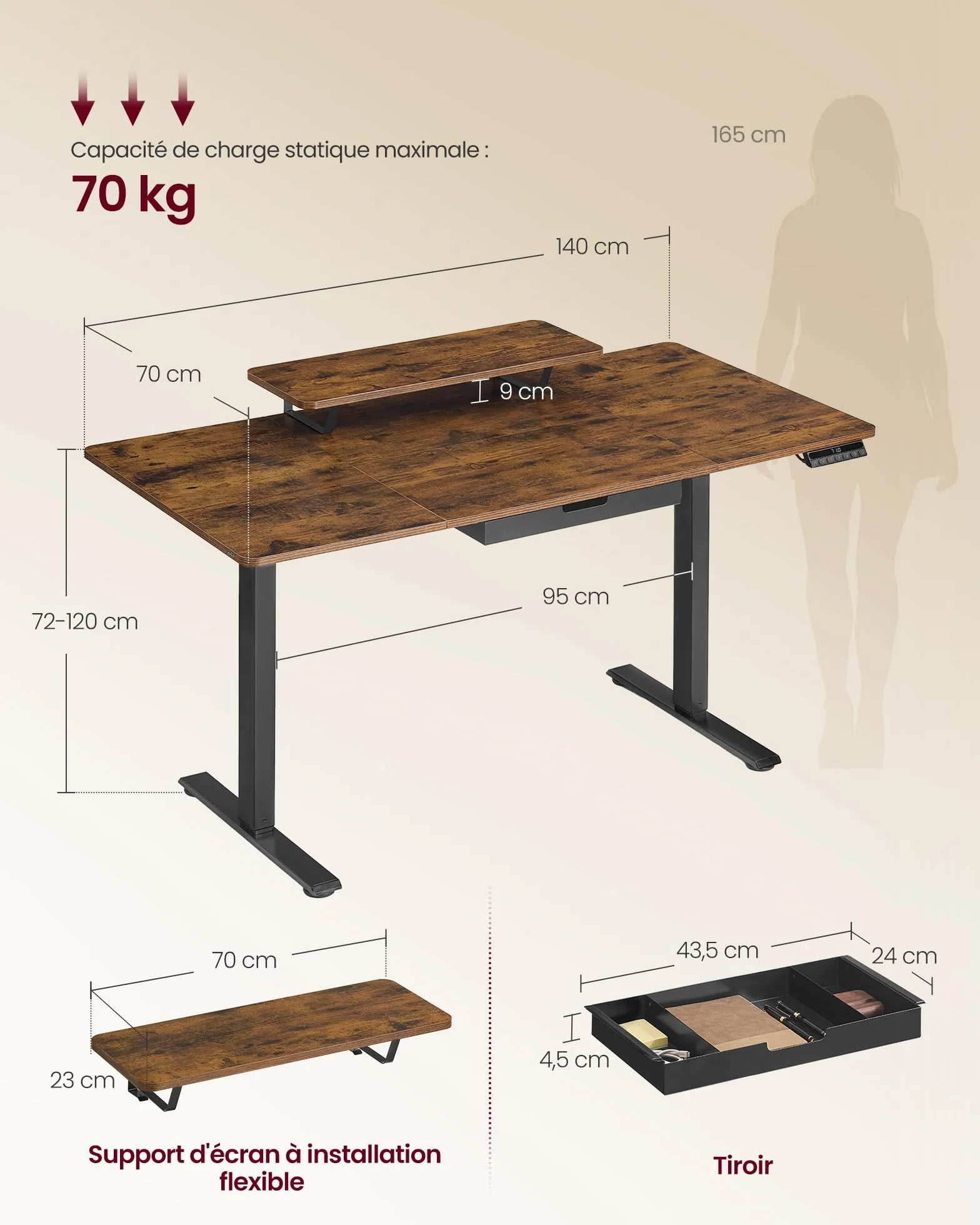 VASAGLE Bureau Électrique Réglable en Hauteur 140 x 70 cm Support d'Écran à Montage Flexible Tiroir Port USB-C Marron Rustique