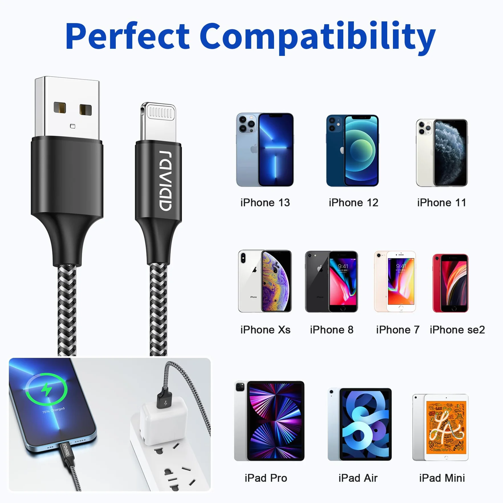 RAVIAD Câble iPhone Chargeur 1M MFi Certifié Lightning Nylon Tressé Résistant Charge Rapide pour iPhone 13 12 11 Pro Max XR XS X 8 7 6s SE
