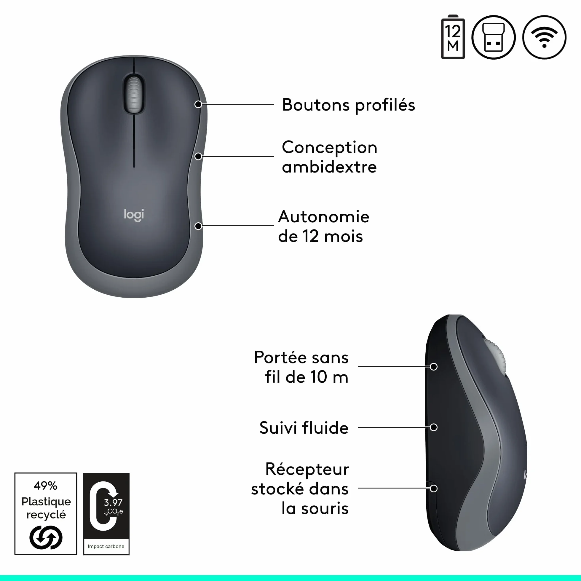 Logitech M185 Souris sans Fil 2.4 GHz Mini Récepteur USB 1000 PPP Ambidextre Gris/Noir