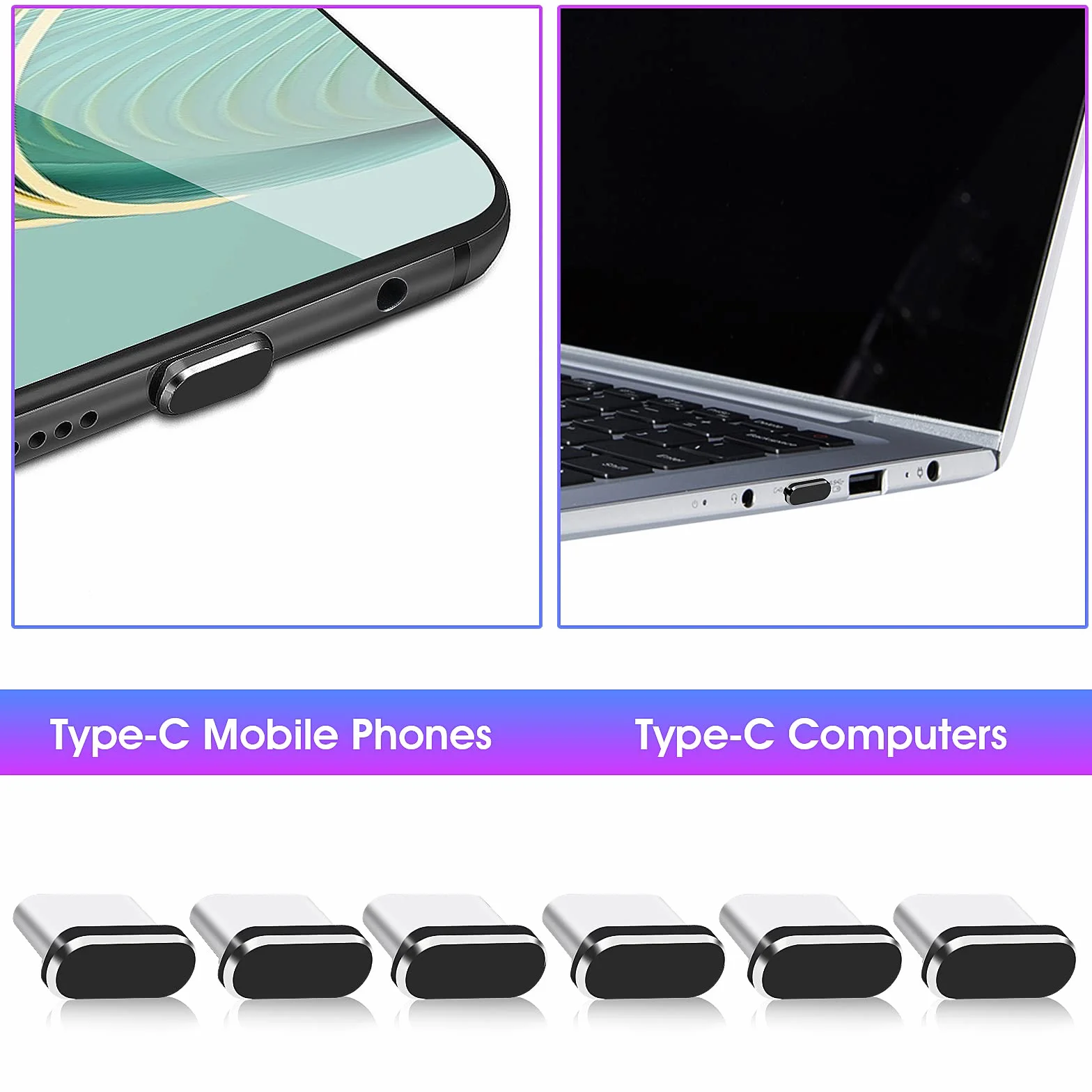Cobee Zestaw wtyczek przeciwpyłowych USB C, 6 szt. wtyczek portów typu C, pokrywki ochronne przeciwpyłowe, osłona portu ładowania, zatyczki portów USB C, ochrona typu C, metalowy ochronnik