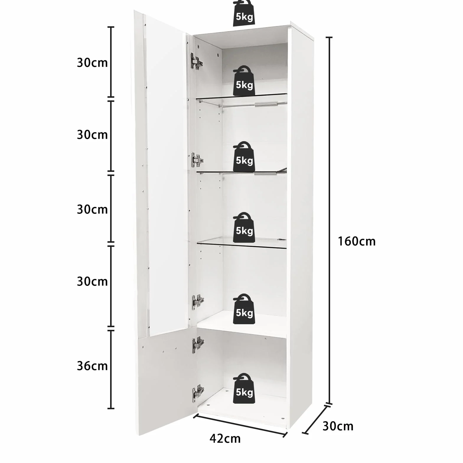 Lot de 2 Vitrines LED avec Porte et Etagères en Verre, Lumières Armoire à Meuble de Rangement pour Salon Bureau, 42 x 30 x 160 cm (Blanc)