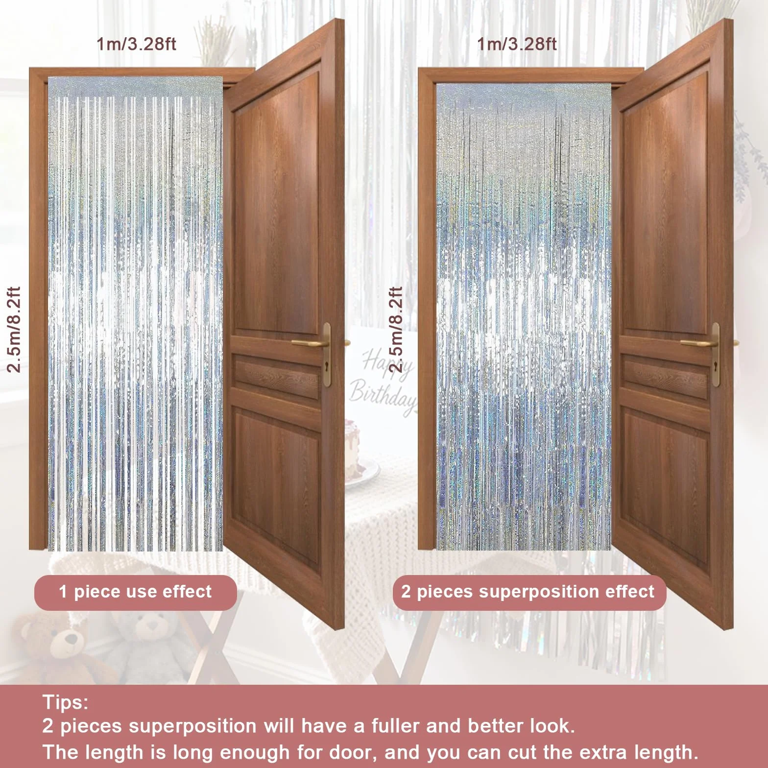Rideau Argenté Métallique Tinsel 1 m x 2.5 m, Rideau Paillette pour Décoration Anniversaire, Nouvel An, Mariage