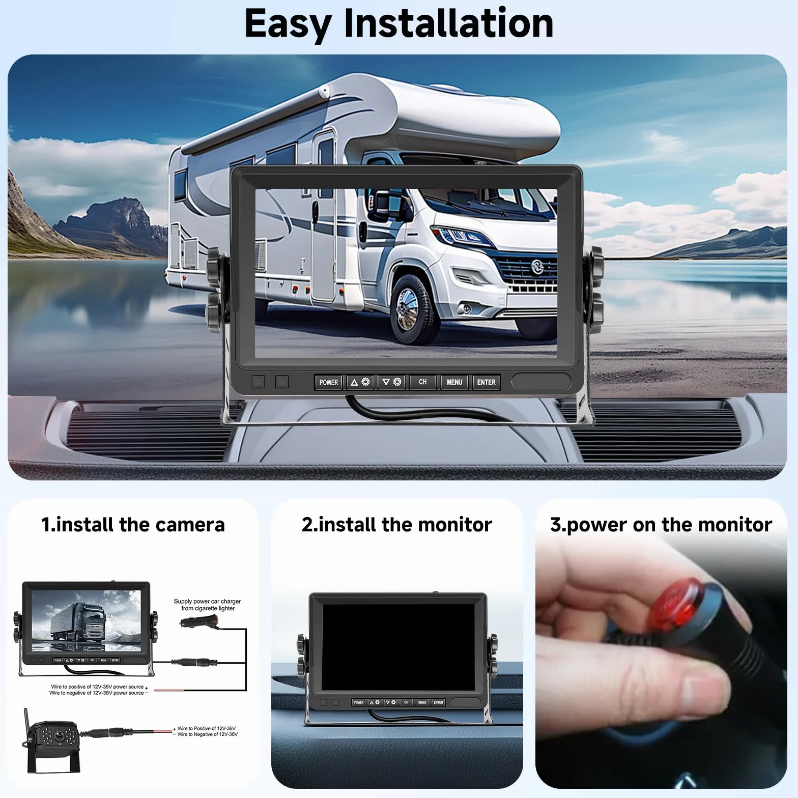 VECHTEL Bezprzewodowa kamera cofania 1080P z 7-calowym monitorem IPS, zestaw DVR+2 x kamera cofania samochodu, IP68, noktowizor, linie jazdy DIY, do ciężarówek, autobusów, Van, kamperów, SUV,
