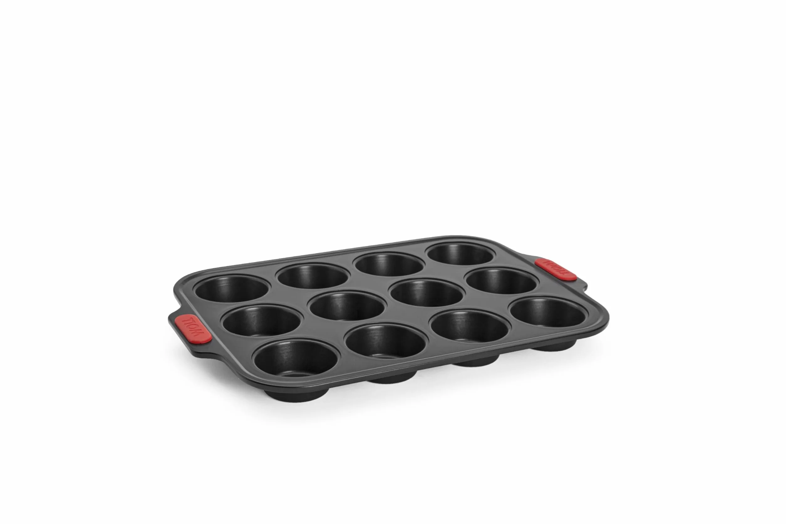 Woll – Bakeware moule à muffins 12 cavités – antiadhésif, acier aluminisé, poignées en silicone – sans PFAS – résiste jusqu’à 230 °C – noir