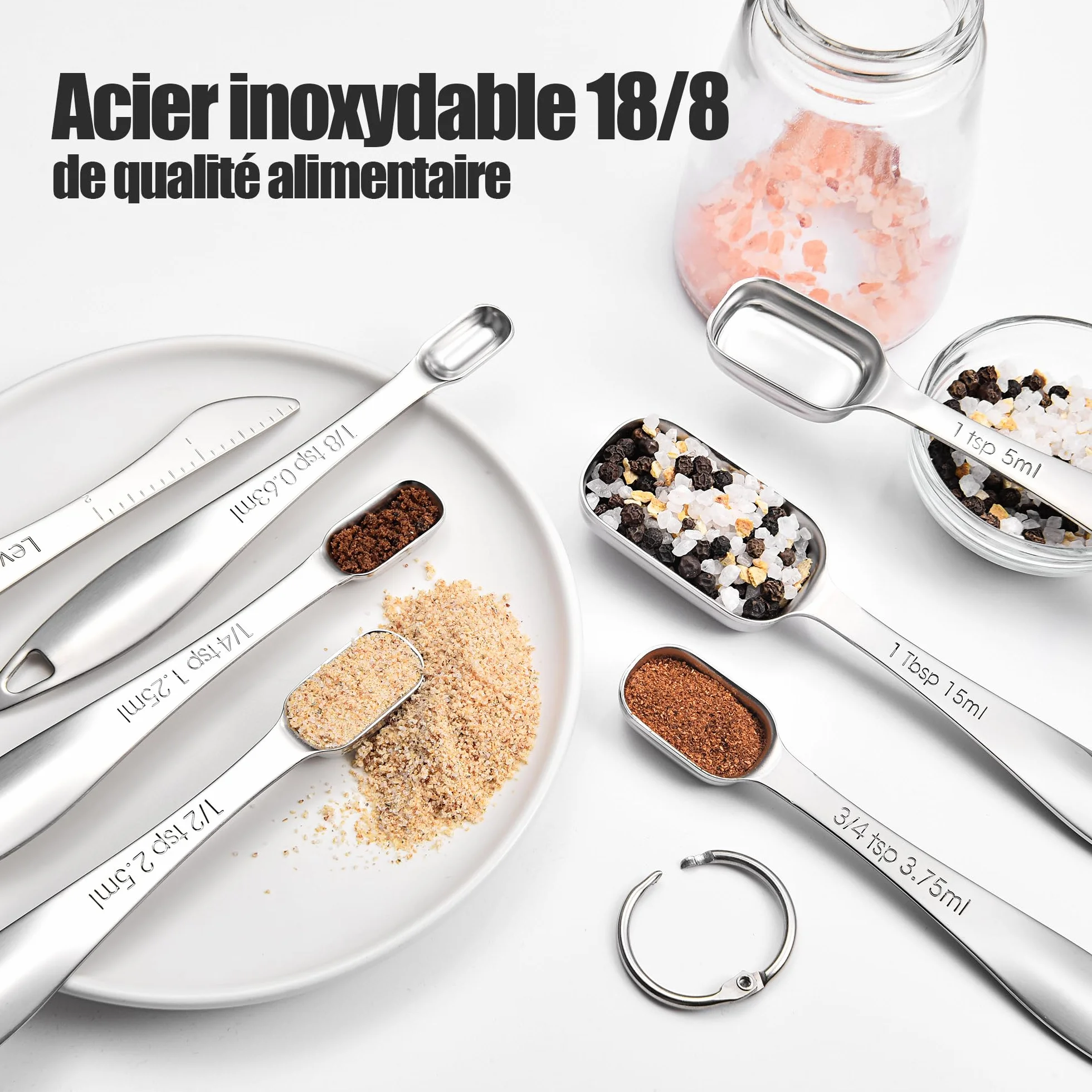 Doosu Ensemble de cuillères à mesurer en métal acier inoxydable 18/8, cuillères à café long manche, 7 pièces