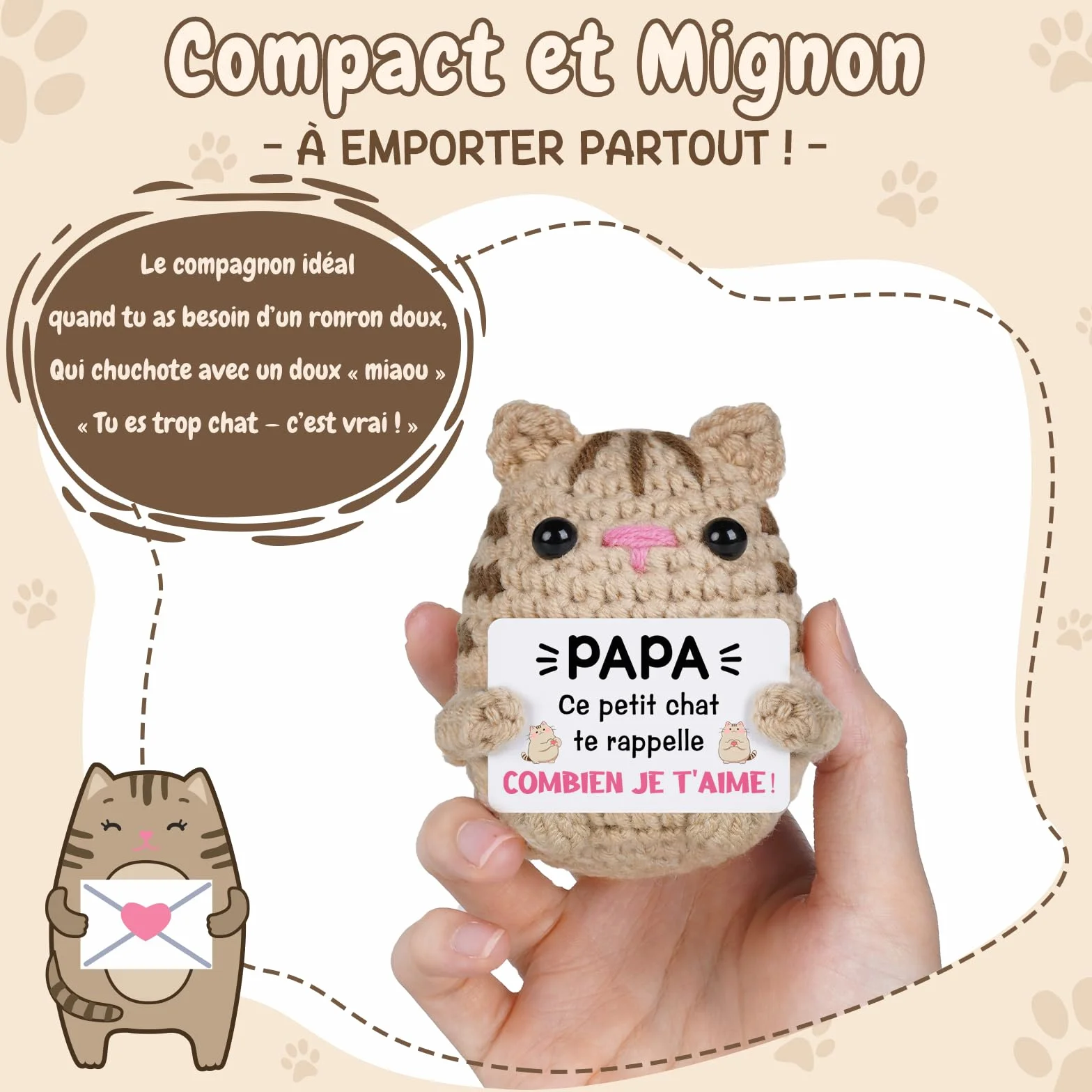 Chat au Crochet Cadeau Fete des Peres Papa 7x7x7.5cm