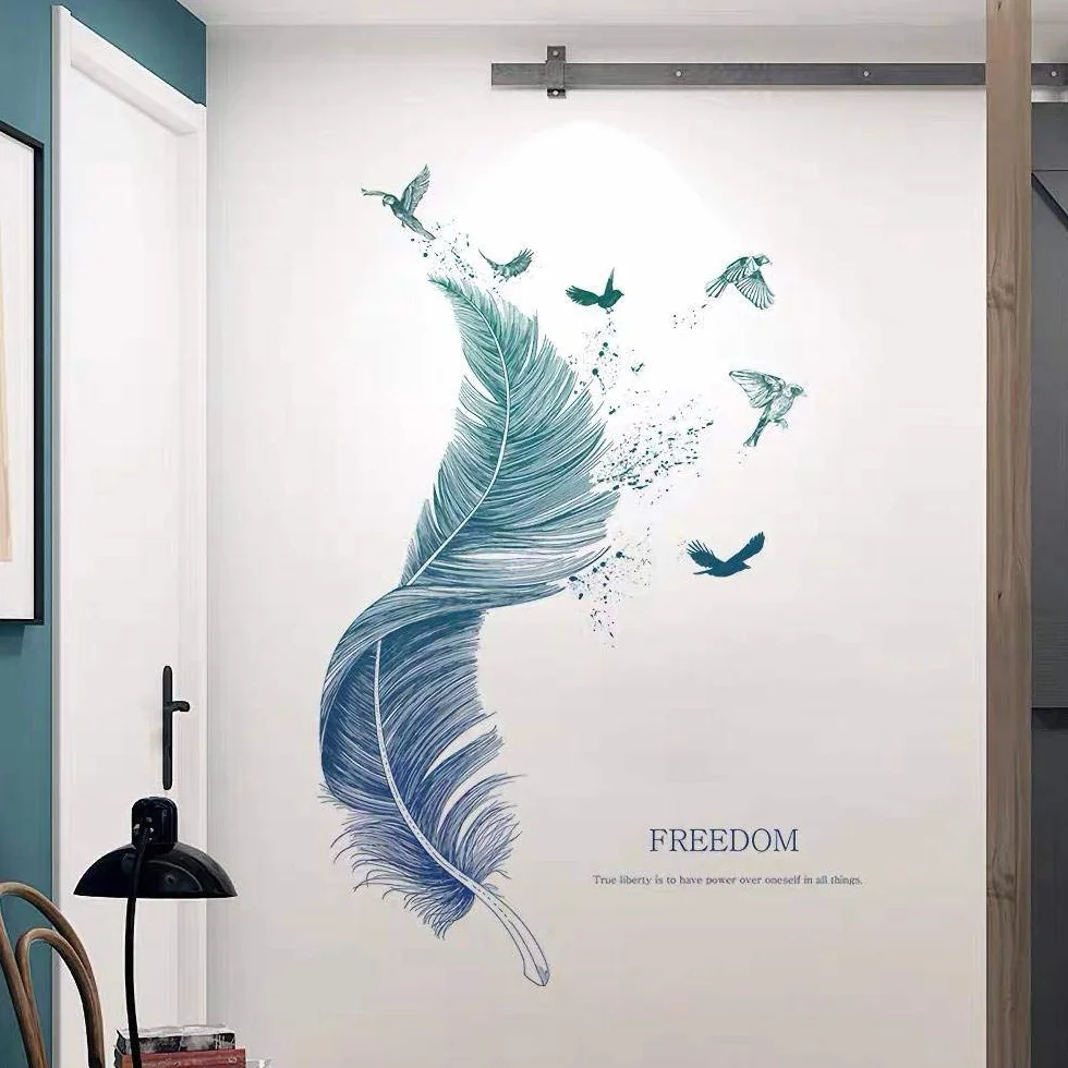 Stickers Muraux Plume Bleu Moderne 124×72 cm Autocollant Mural Décoration Salon Chambre