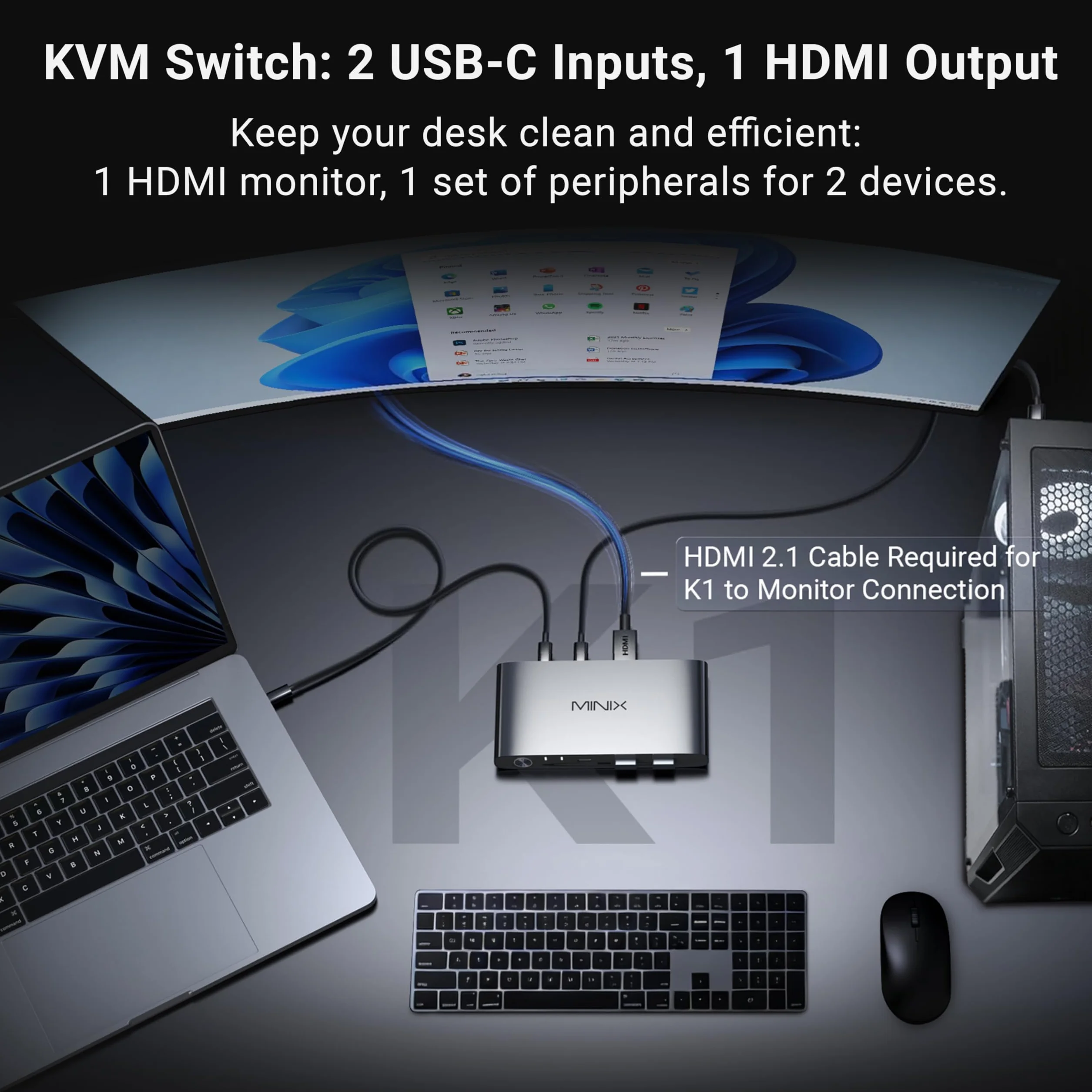 MINIX K1 przełącznik KVM USB C, 1 monitory, 2 komputery, 4K przy 120 Hz HDR, 100 W PD 3.0, podwójne przełączniki KVM z wejściem USB-C, klawiatura i mysz, aluminiowa konstrukcja, kompatybilny z Windows