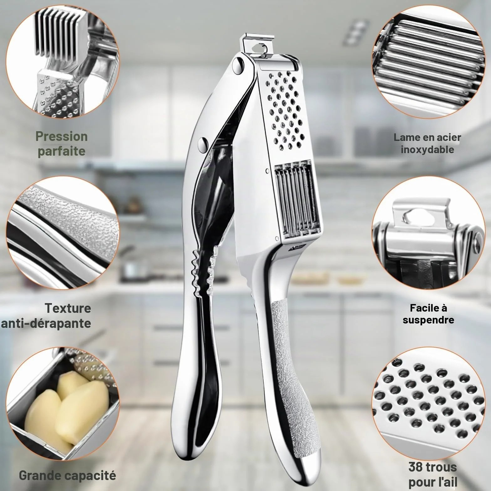 Presse-ail en acier inoxydable 2 en 1 manuel, professionnel pour cuisine, avec poignée ergonomique