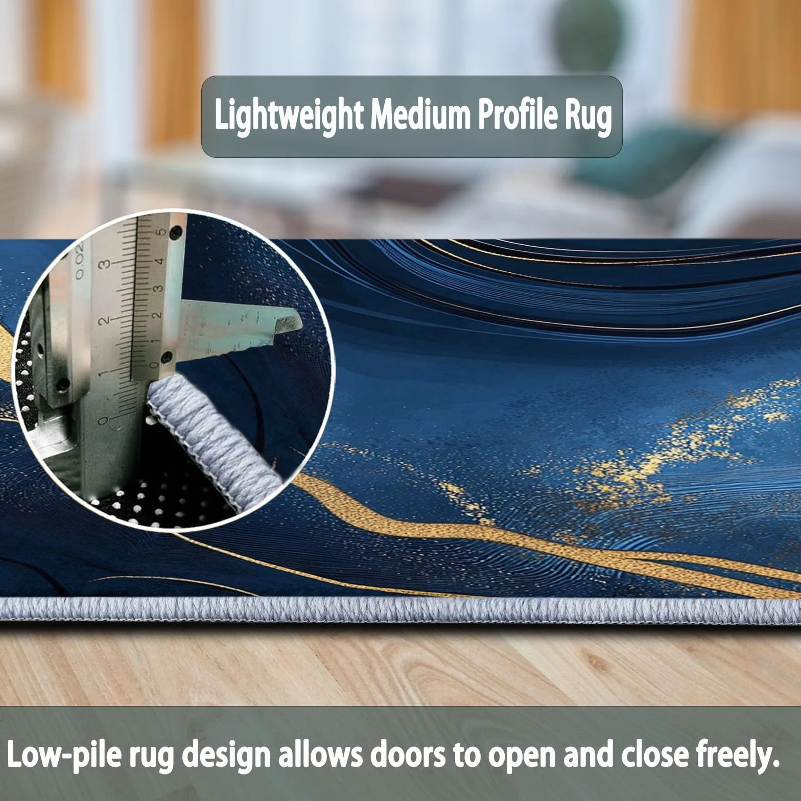 Tapis Salon Chambre Adulte Poil, Tapis à Poils Courts et denses Motif Lignes De Marbre Abstraites, Tapis Lavable en Machine Antidérapant Bleu Foncé Or, 60 x 110 cm