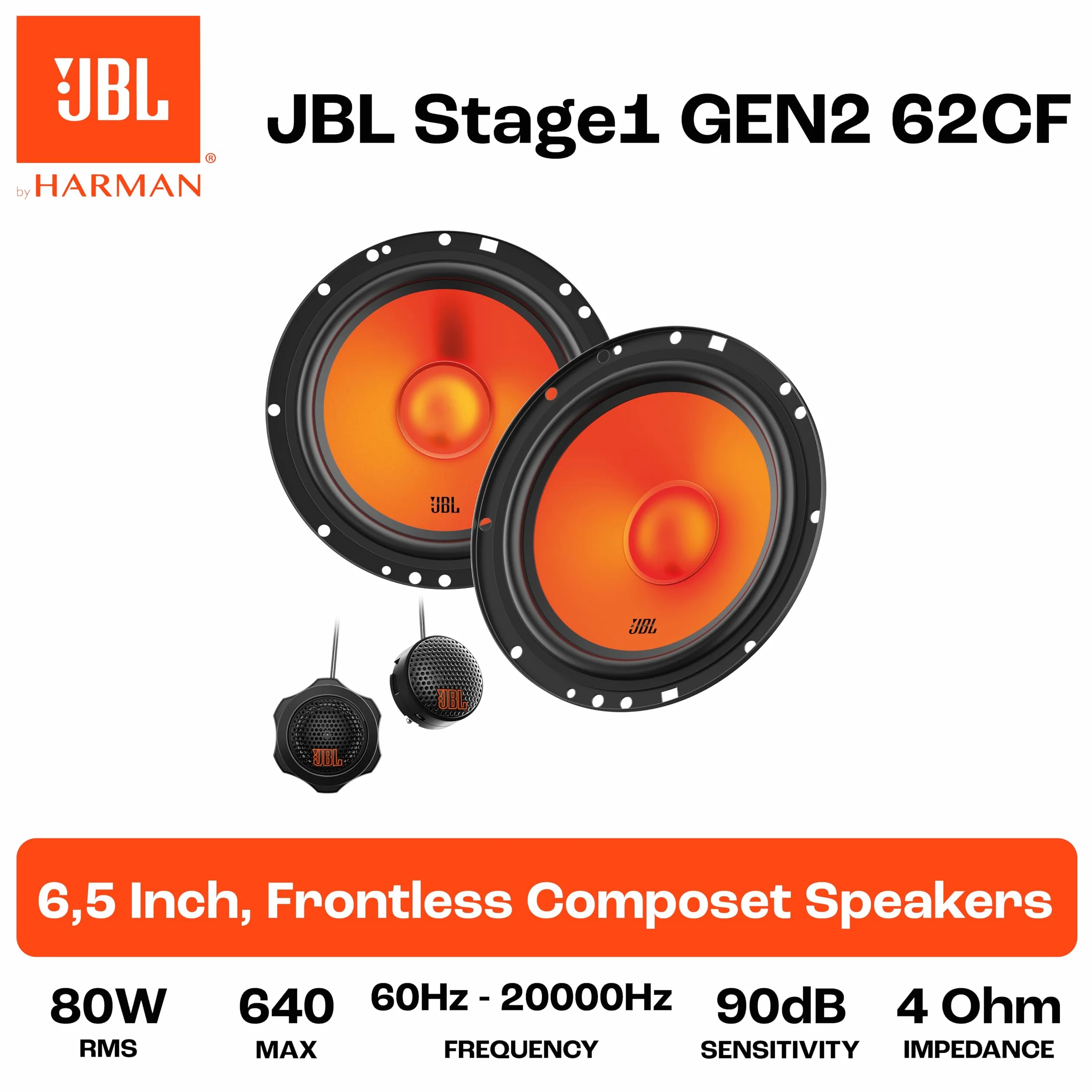 JBL Stage1 GEN2 62CF głośnik samochodowy 165 mm (6,5 cala): od Harman Kardon Car HiFi z 80 W RMS i 640 W Max Component Auto Boxer, zestaw z 2 głośnikami niskotonowymi + 2 głośnikami wysokotonowymi