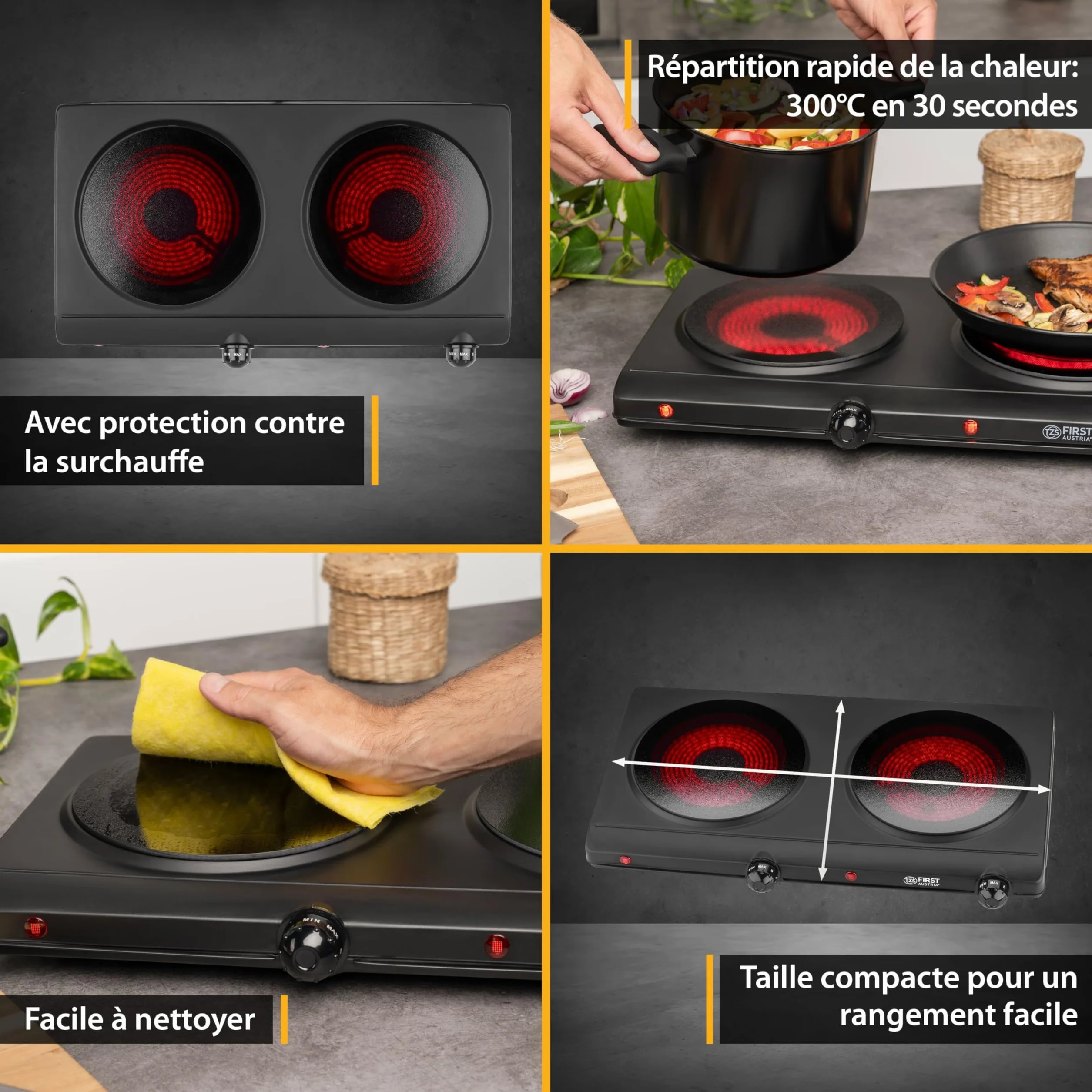 TZS First Austria - Plaque de cuisson double infrarouge vitrocéramique TOUS types de casseroles 2500W - Mini réchaud électrique pour déménagement, camping & maison - Réglage continu & témoin contrôle