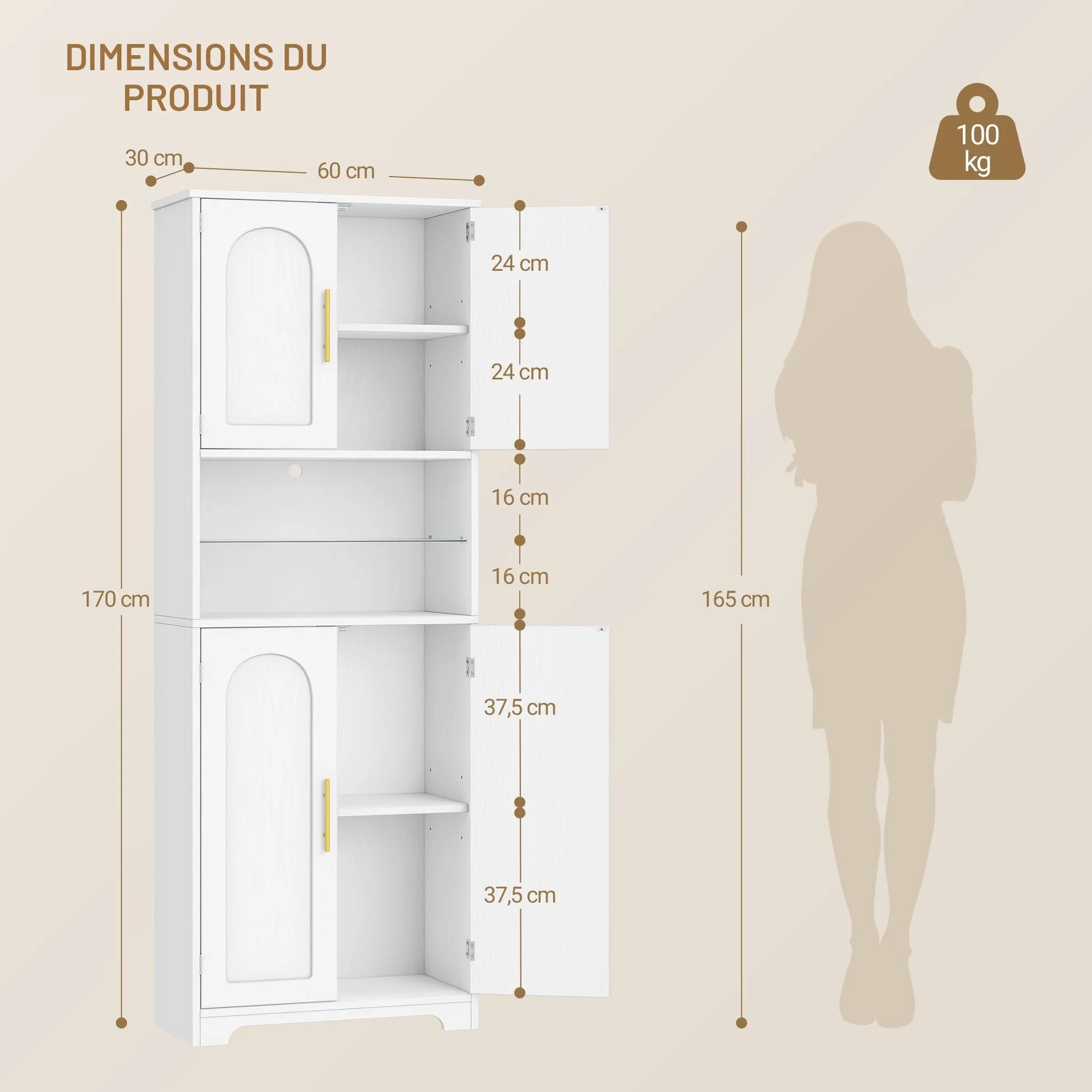 Hzuaneri Meuble Colonne Salle de Bain, Meuble de Rangement, Armoire de Rangement, Placard Rangement, Armoire de Salle de Bain avec 4 Portes, 30 x 60 x 170 cm, Bois Blanc SC68213X