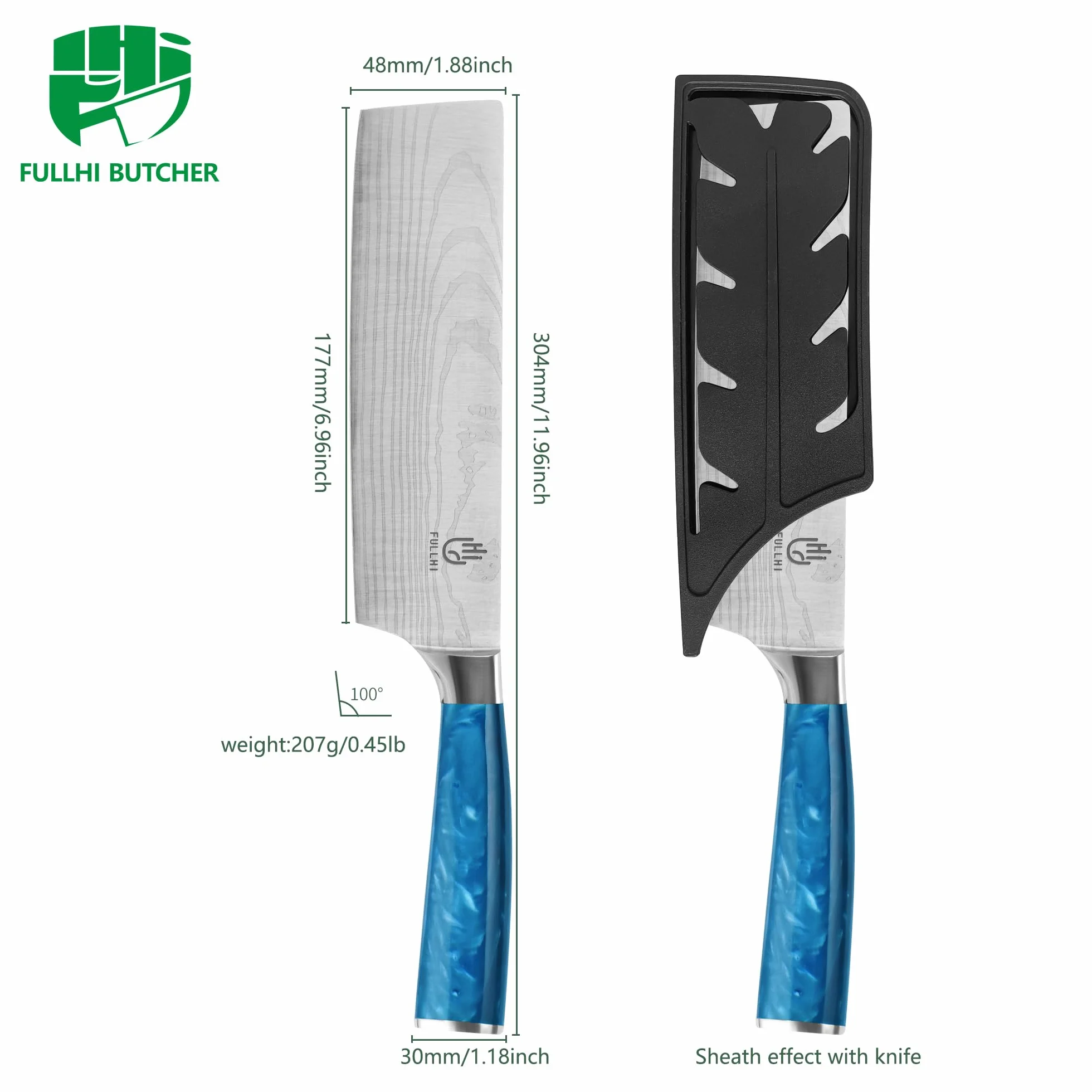 FULLHI Couteau Nakiri, couteau japonais multicolore de 7 pouces avec étui, couteau de cuisine en acier inoxydable pour la cuisson de la viande et des légumes avec protection (Résine bleue)