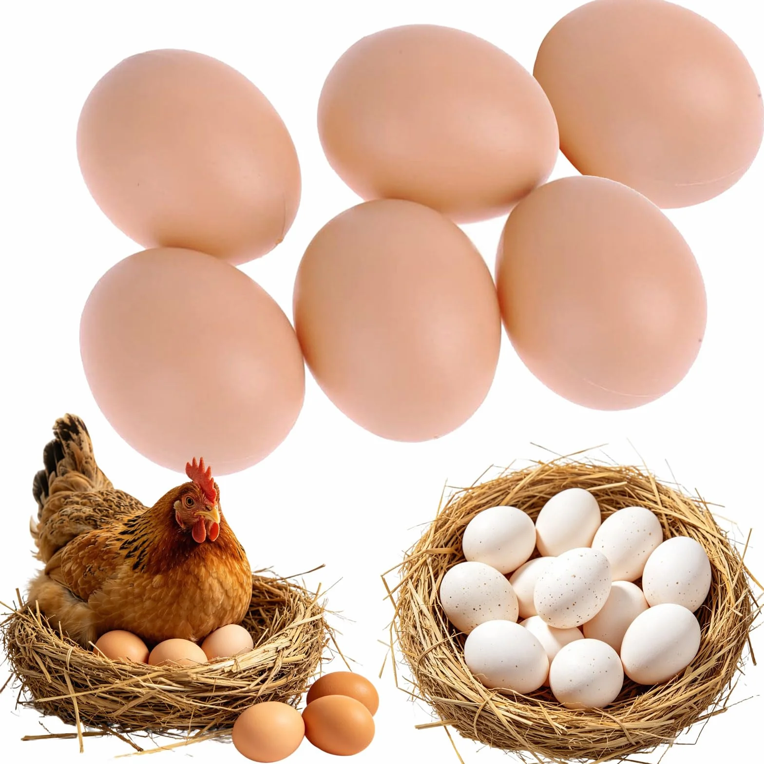 Fake Plastic Artificial Chicken Eggs 5.3cm 6PCS for Laying, Stop Eating Own Eggs, Home Decoration