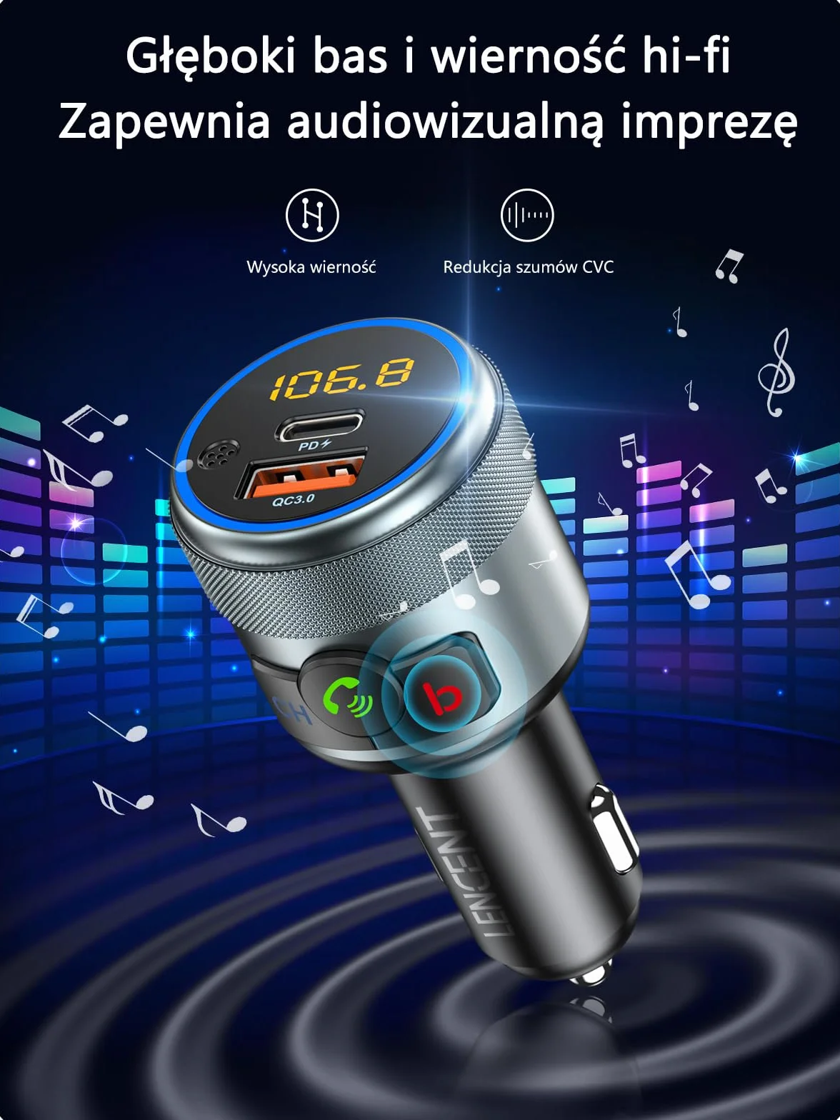 LENCENT 5.1 Samochodu Nadajnik FM Bluetooth, Bezprzewodowy Adapter Radiowy z PD3.0 USB-A i QC3.0USB-C ładowarka Fast USB, Zestaw Głośnomówiący, Odtwarzacz Stereo MP3, Hi-Fi, Kolorowe Podświetlenie LED