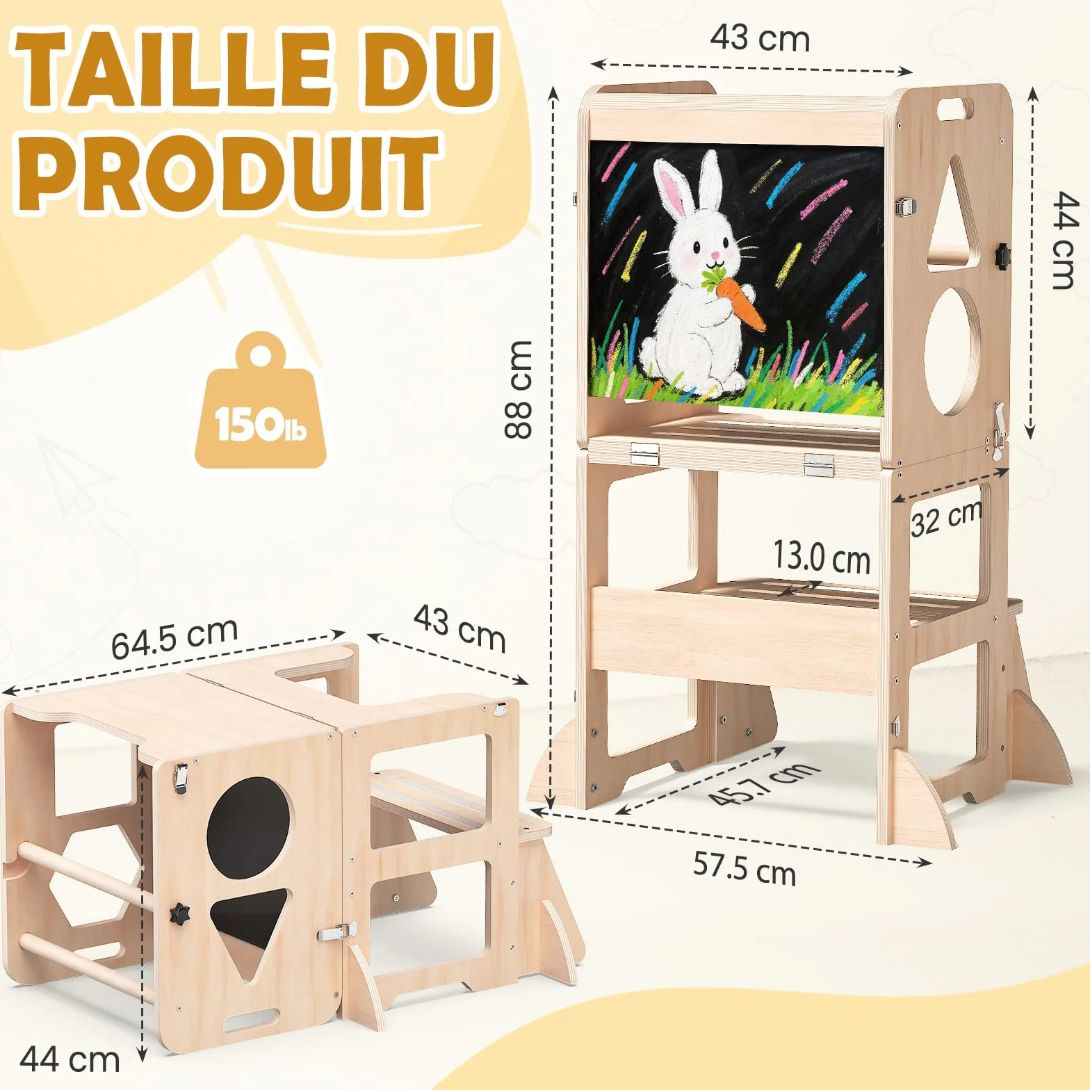 Woodure Tour d'apprentissage Montessori 4 en 1, Tour d Observation Enfant Pliable avec Tableau Noir, Tabouret de Cuisine en Bois pour Enfants, Cadeaux pour garçons et Filles de 1 à 3 Ans