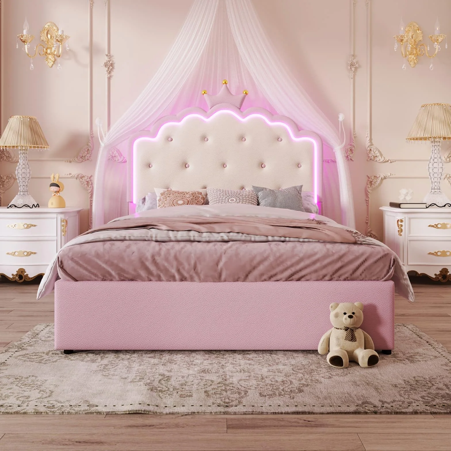 PUGSDRLY Lit Enfant 140x200cm avec lit gigogne et 2 Tiroirs,Lit Fille avec Tête en Forme de Couronne et Bande LED,Cadre avec Sommier à Lattes,matériau PU,sans Matela (Rose-C, 140x200)
