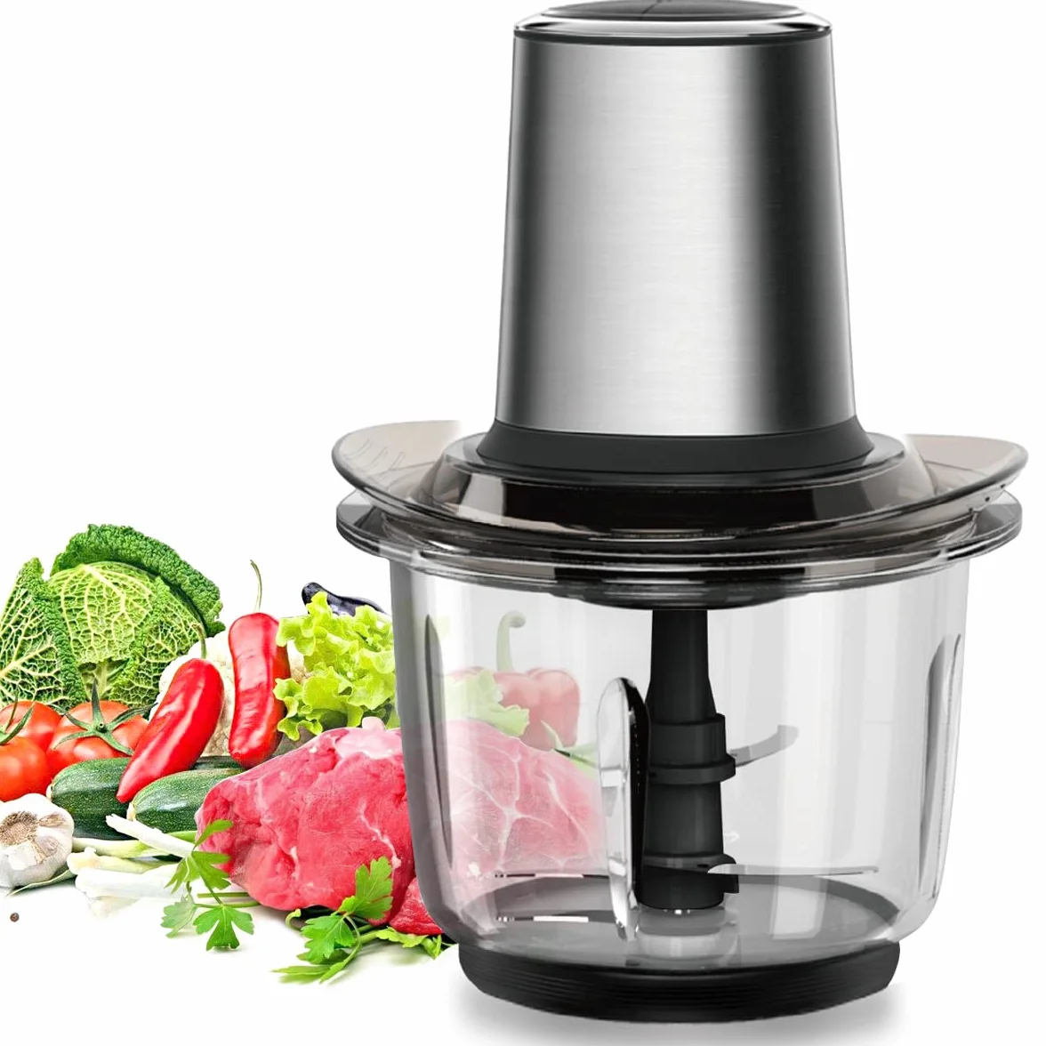 Hachoir Électrique Multifonction Avec Bol Verre 1.5L - 400W, 2 Niveaux de Vitesse, 4 Lames Amovibles pour Viande, Oignon, Herbes, Fruit Sec Rapide
