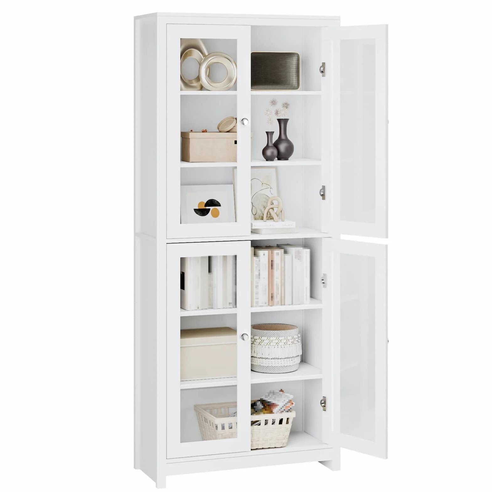 FOREHILL Vitrine en Verre 190cm Armoire Cuisine Haute avec 4 Portes Vitrées Meuble Vitrine Salon Bibliothèque avec 6 étagères de Rangement en Bois Blanc