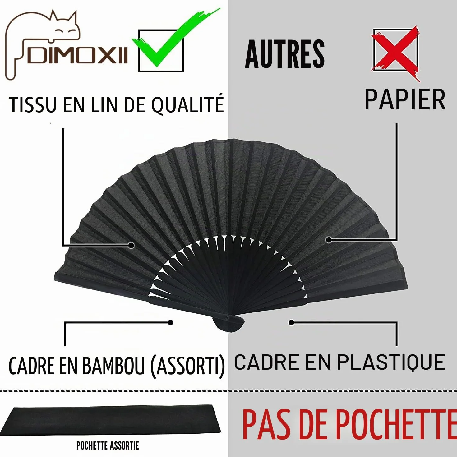 Éventail Japonais Chinois en Bambou Noir avec Sacs de Rangement, Pliable de Poche