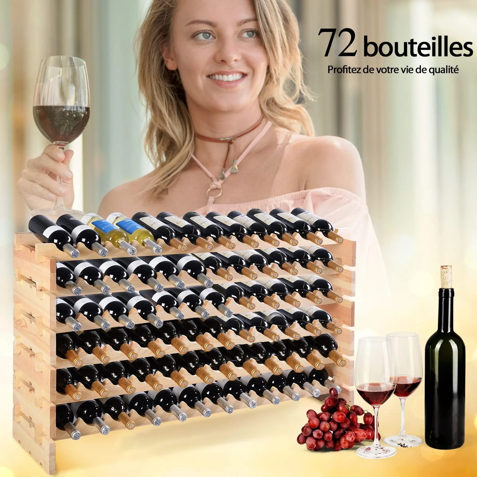 COSTWAY Casier à Bouteilles pour 72 Bouteilles, Étagère à Vin en Bois de Pin, Porte-Bouteilles à 6 Niveaux Modulable et Extensible, Range Bouteille Robustes pour Cave, Cuisine, Bars, Naturel