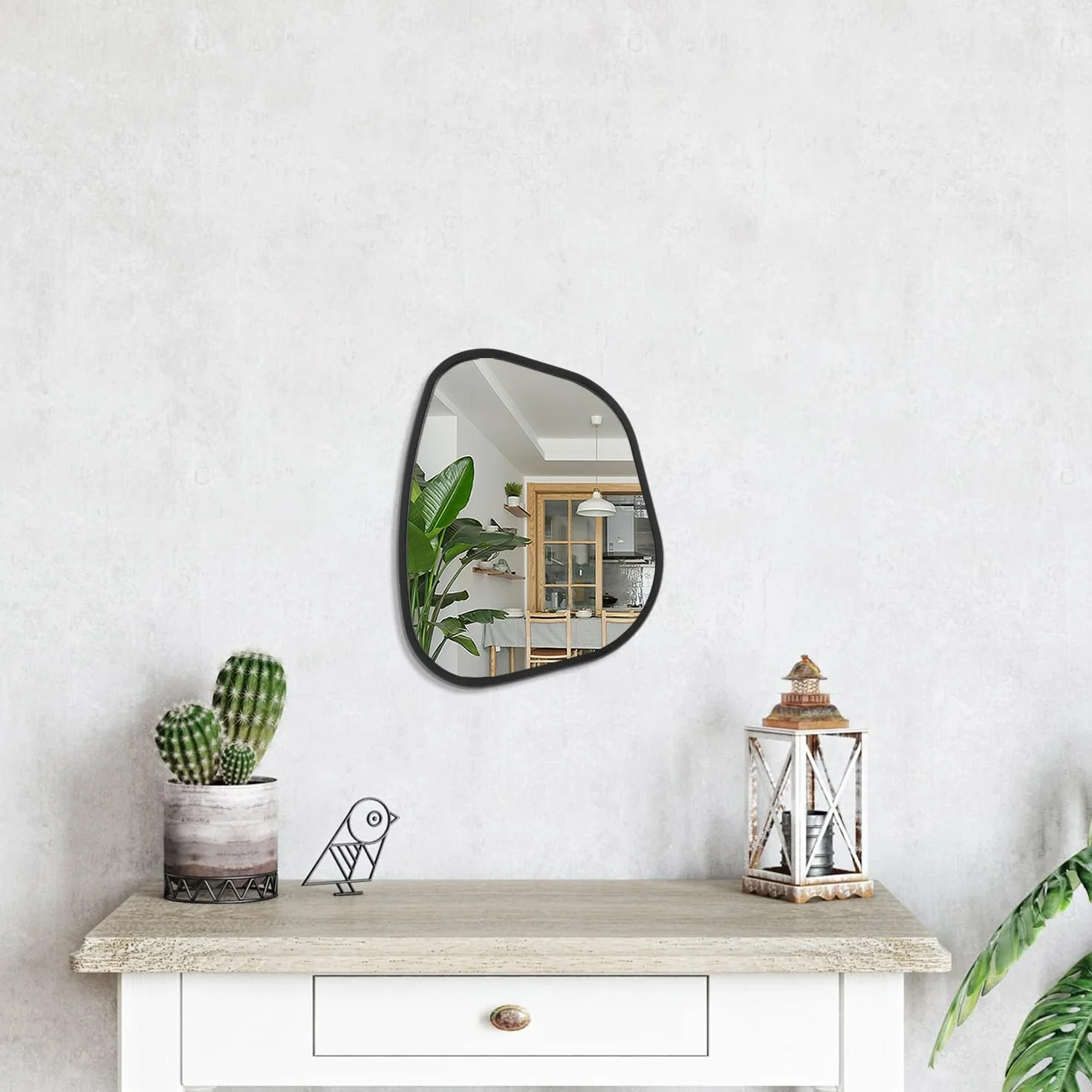 Miroir asymétrique noir mural ovale irrégulier cadre en bois moderne décoratif salon chambre salle de bain