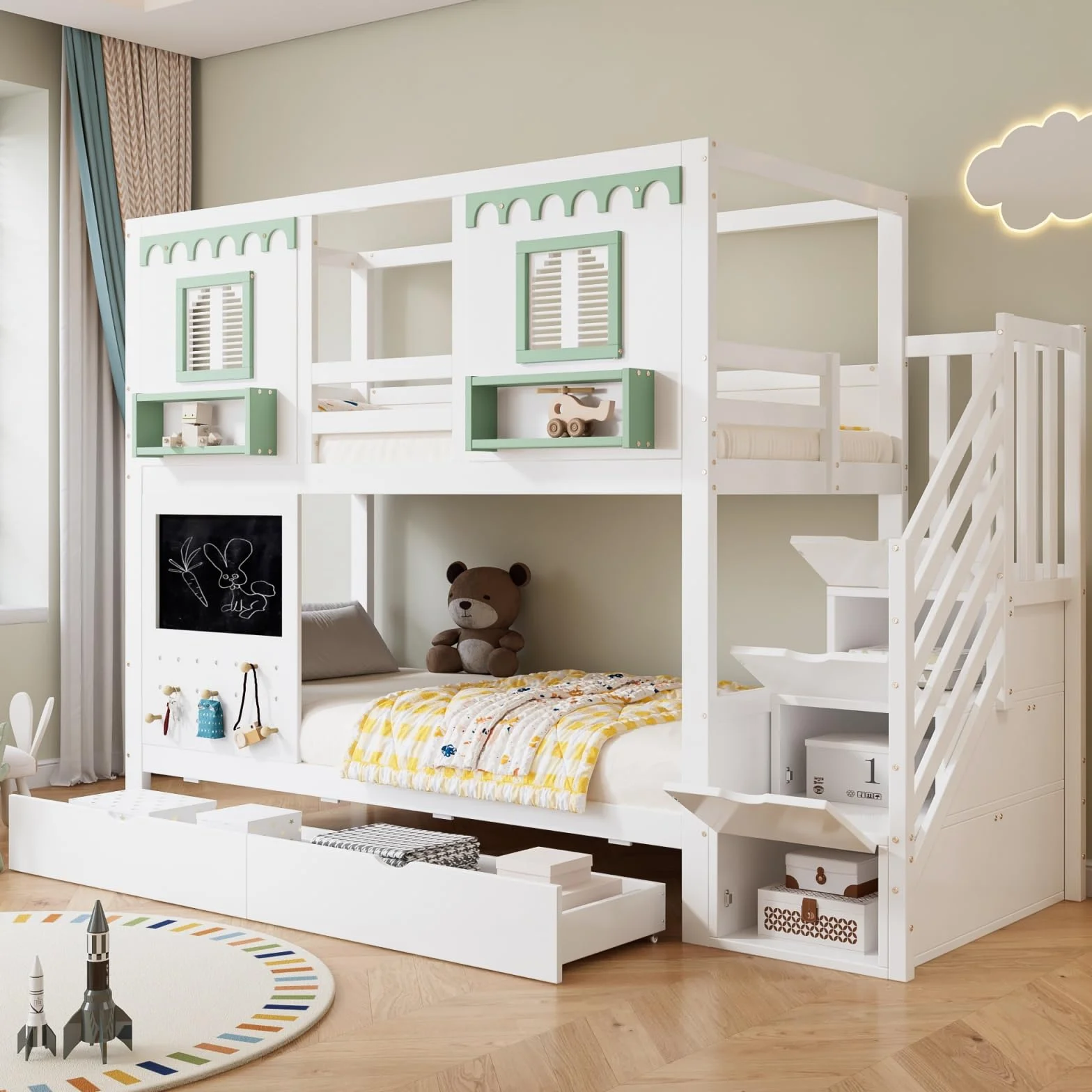 Sweiko Lit superposé 90 x 200 cm avec 2 tiroirs, lit enfant avec petit tableau noir, panneau d'affichage + 5 crochets en bois, armoire de rangement intégrée sous l'escalier, blanc + vert, sans matelas