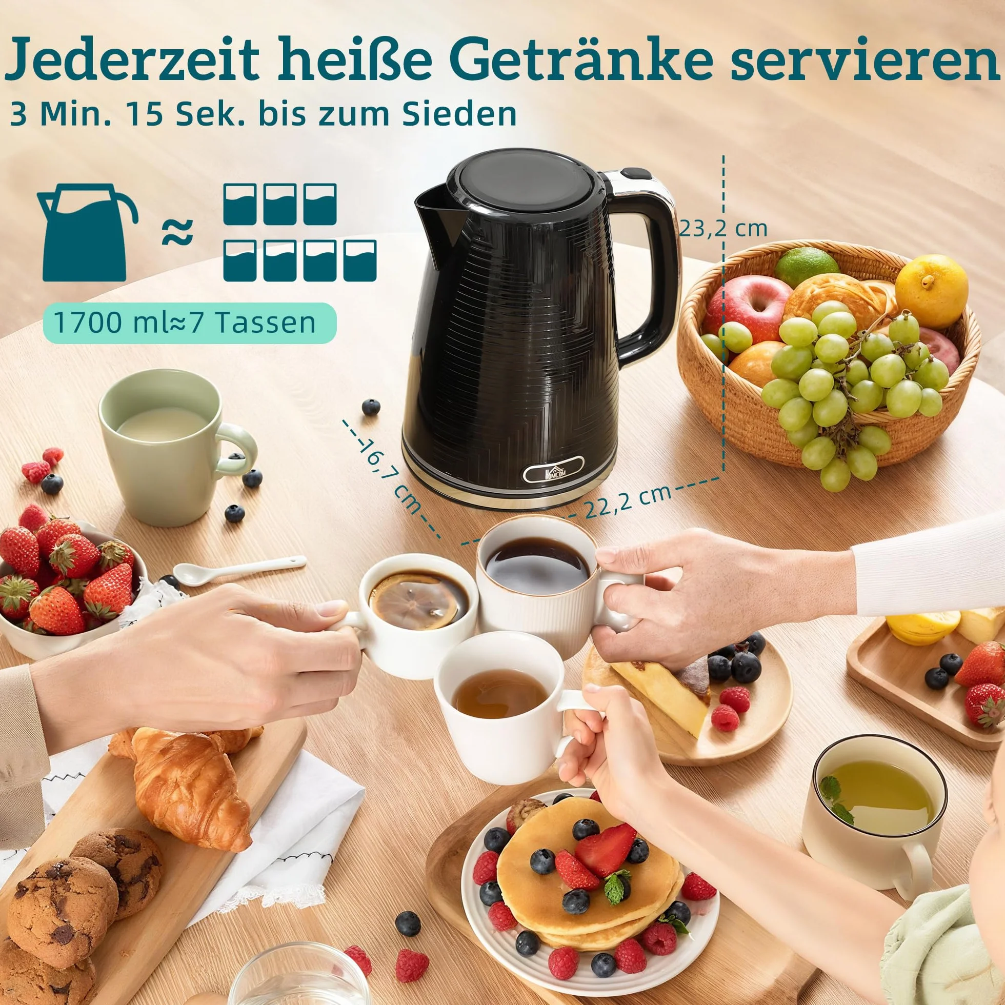 HOMCOM Bouilloire Toaster Set Acier inoxydable 1,7L Bouilloire 2 disques Toaster 2200W Set petit-déjeuner avec thermostat Otter, 7 niveaux de brunissage, décongélation, réchauffage, compartiment à