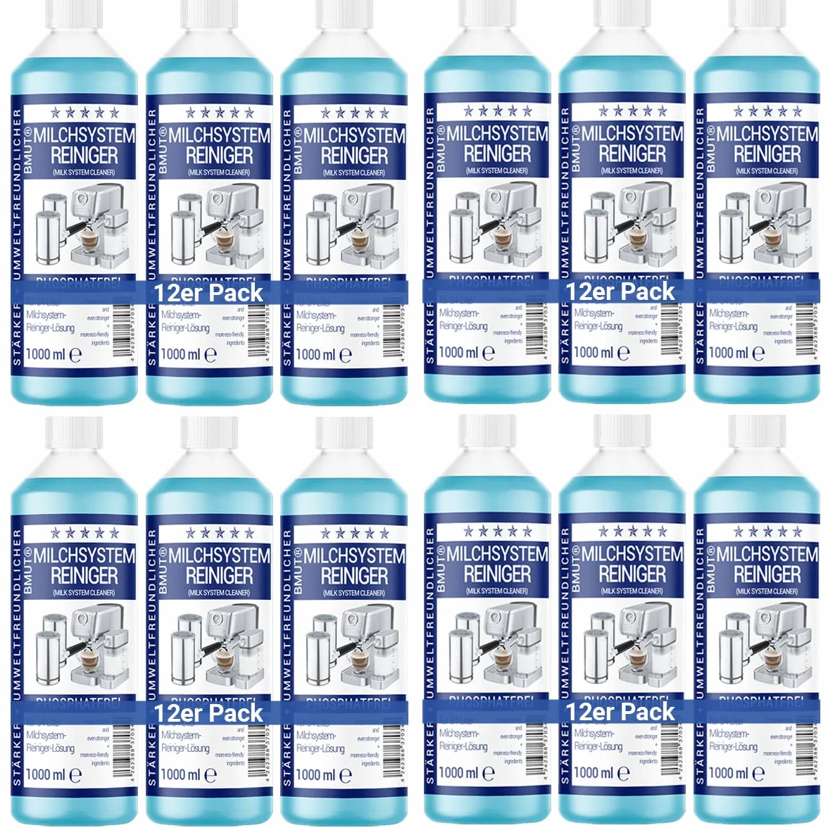 Lot de 12 nettoyants pour système de lait 1000 ml (34 applications) pour machine à café - Mousseur à lait - Nettoyant universel liquide pour toutes les marques